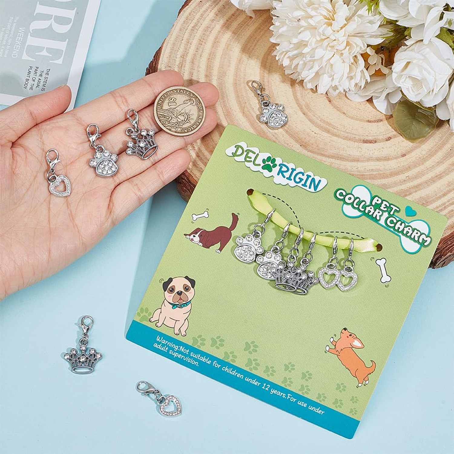 DELORIGIN 12pcs Alloy Pet Collar Charms Pendant 3 Styles Paw Heart Crown Cat Dog Pendants Rhinestone Key Chain Glitter with Carabiner Jewelry Clip-on Charms for Bag Necklace Bracelet Home Decor