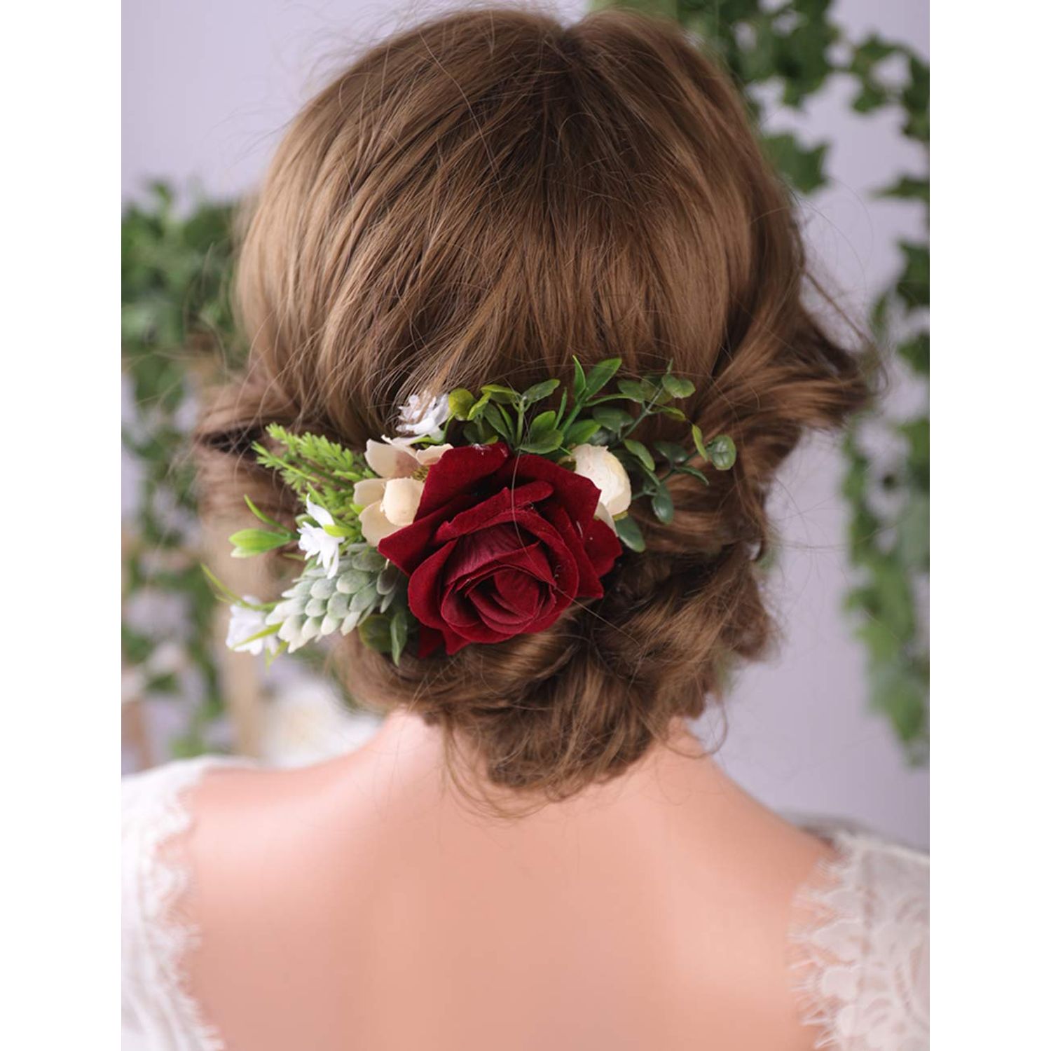Anglacesmade Bridal Flower Hair Comb Burgundy Dark Red Rose Cream Daisy Eucalyptus Greenery Headpiece for Rustic Wedding Photo Shoot Prom Party Festival