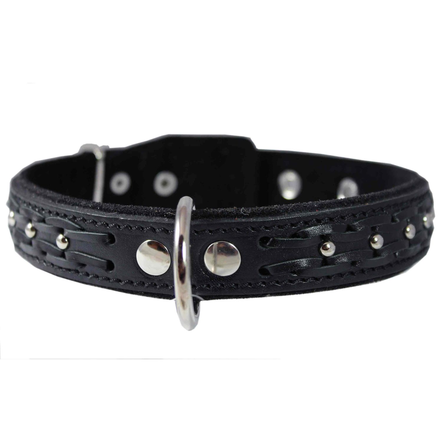 Genuine Leather Braided Studded Dog Collar, Black 1.25" Wide. Fits 16"-20.5" Neck.