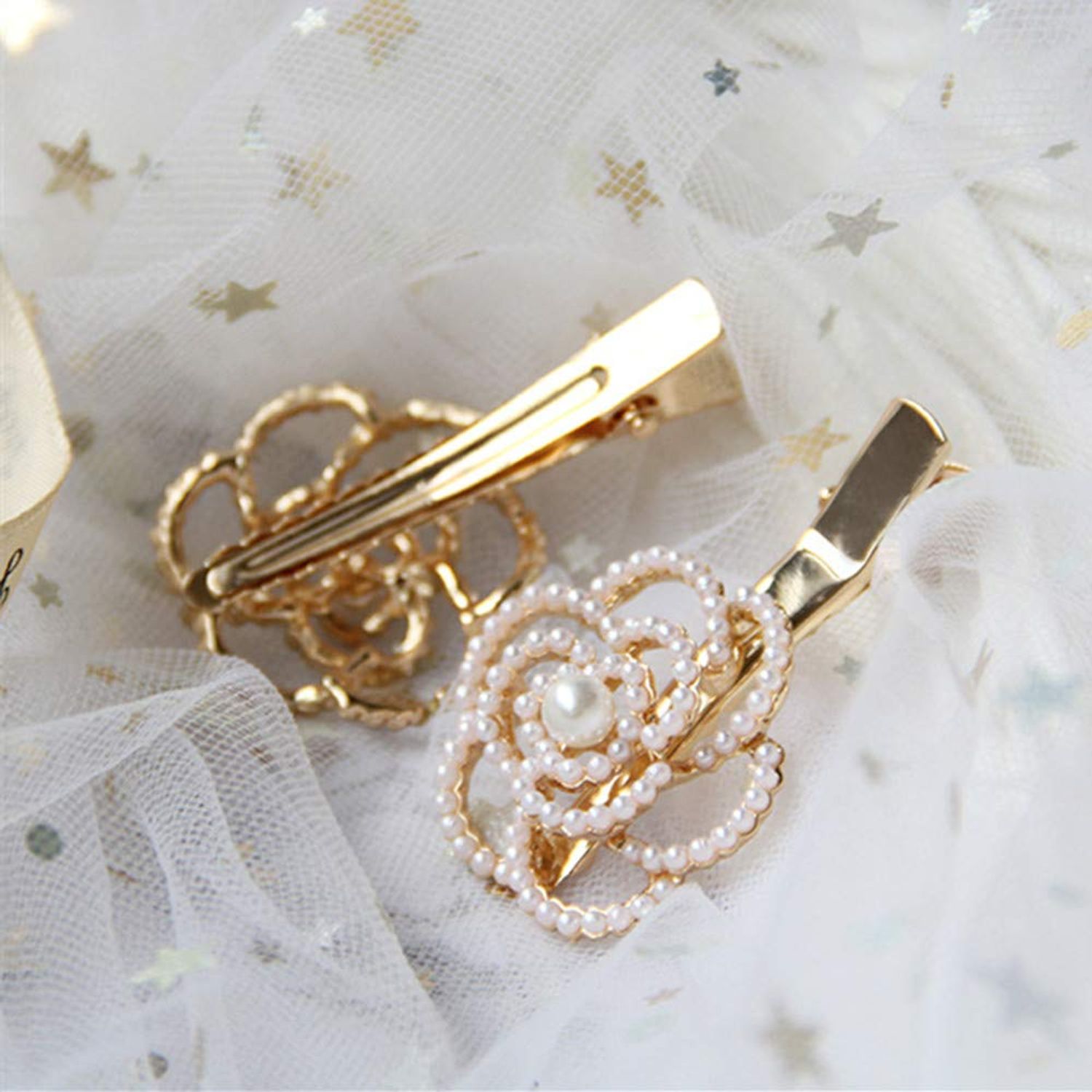 Xiwstar 2Pcs Rhinestone Crystal Pearl Flower Beak Duckbill Alligator Clip Pin Hair Accessories for Women Girls