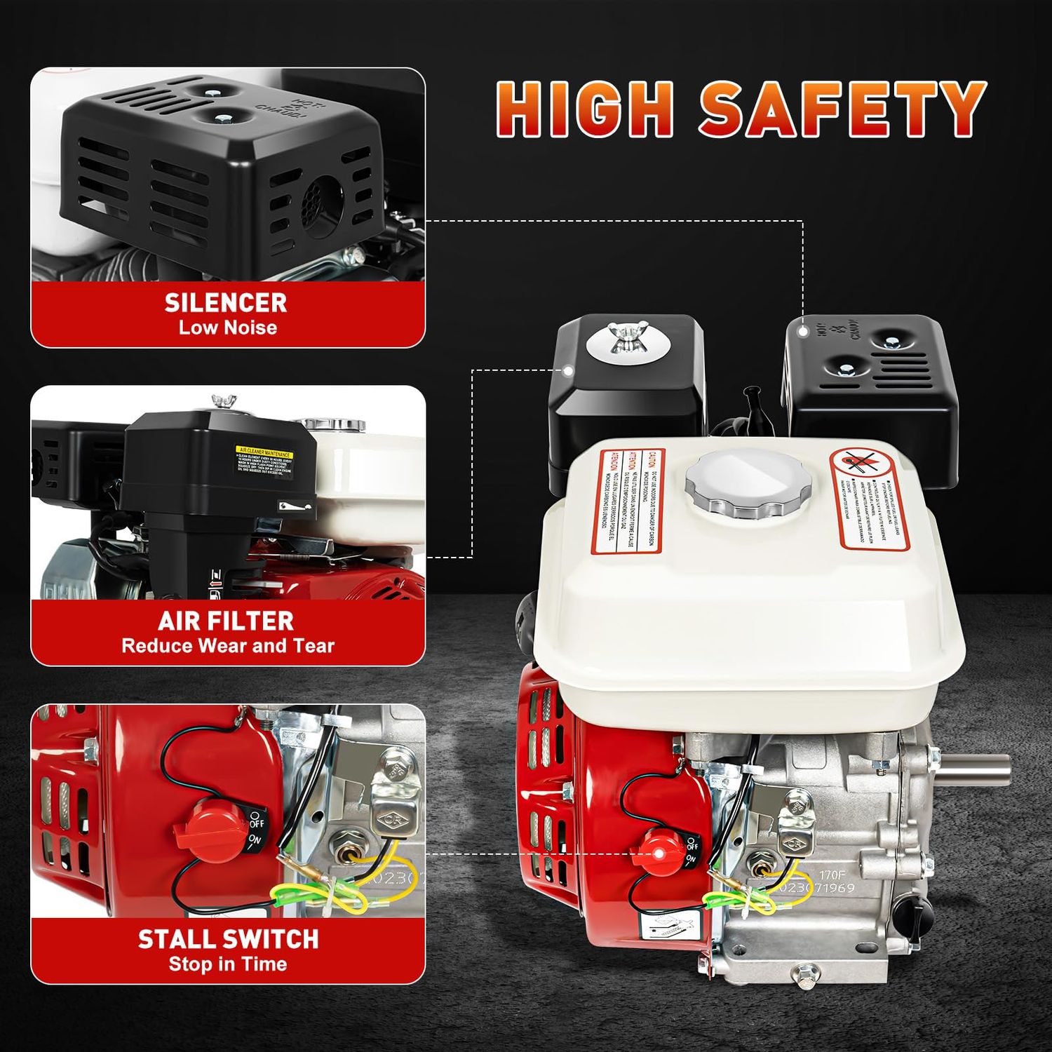 4 Stroke Pull Start Petrol Engine, 6.5HP/7.5HP Horizontal Air Cooled Single Cylinder General Gas Engine Replaces Compatible For Honda GX160 OHV (6.5HP 160CC)