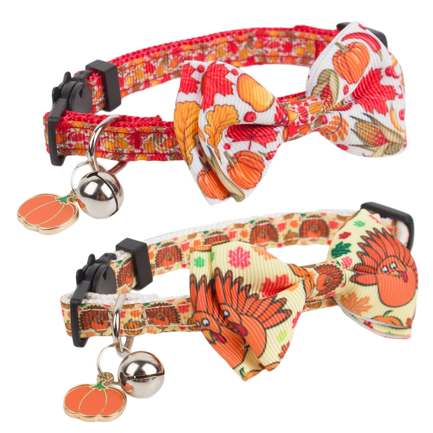 ADOGGYGO Thanksgiving Cat Collars with Bow Bell, Breakaway cat Collar with Bowtie Pumpkin Cat Kitten Collar for Girl Boy Cats Kittens (Thanksgiving)