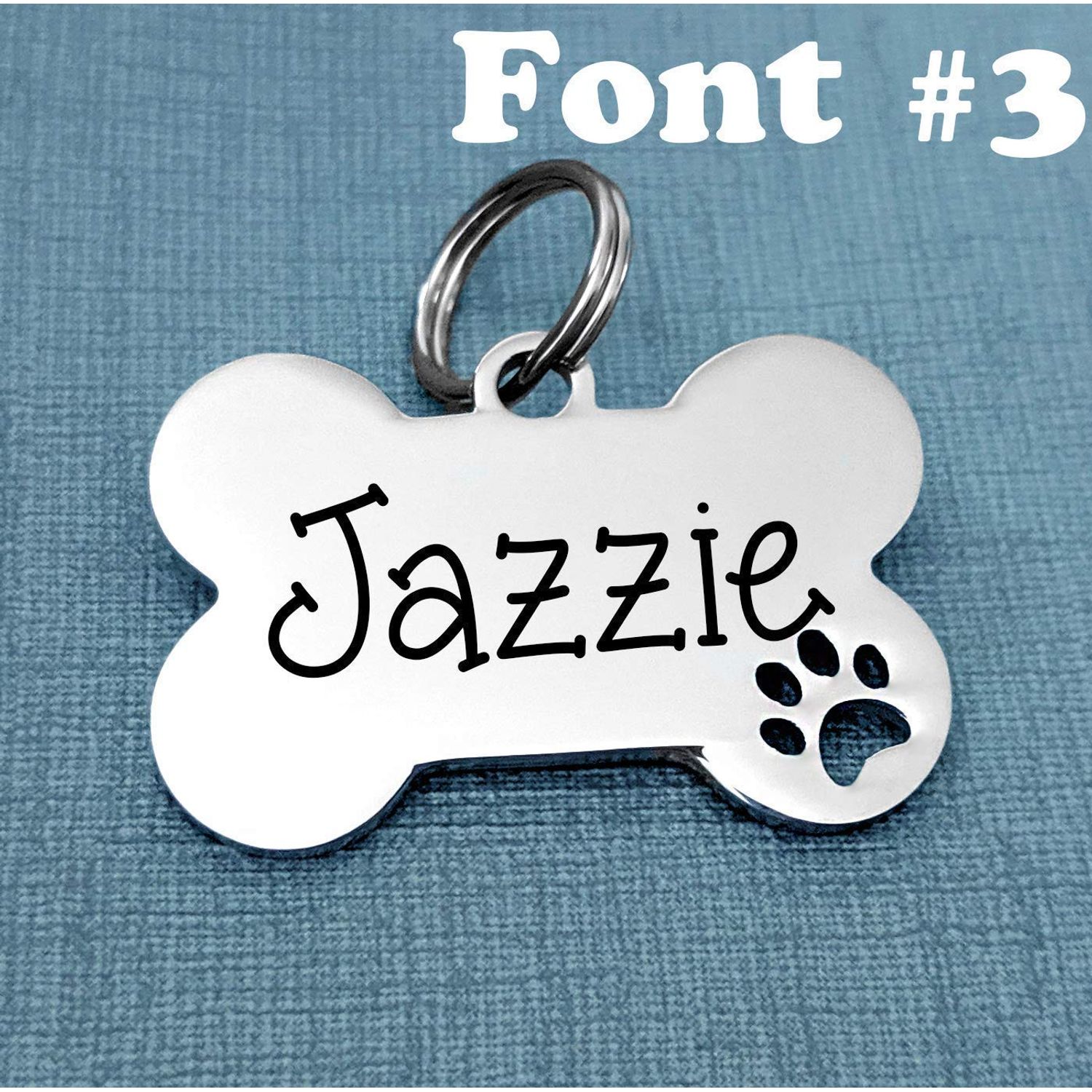 Pet ID Tags, Personalized Engraved Stainless Steel Pet Tag, Bone Shape, 3 Fonts, Paw Cutout, Cat Tag Dog Tag, Back Engraved INCLUDED