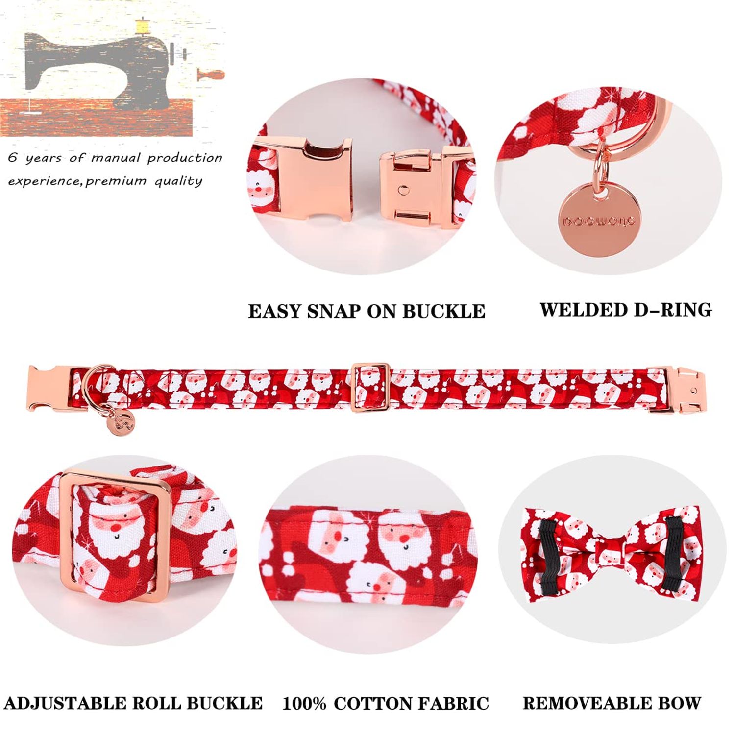 DOGWONG Christmas Dog Collar with Bow tie, Red Santa Claus Dog Collar Soft Durable Adjustable Cotton Puppy Collar for Small Medium Large Dog