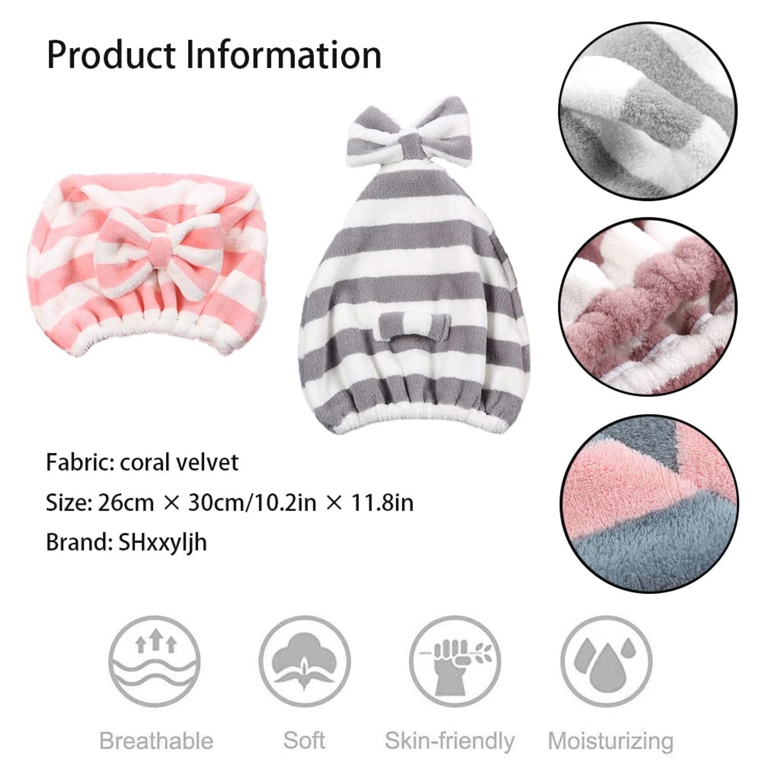 Large Microfiber Hair Towel Cap,Rapid Drying Towel For Hair,Ultra Soft Super Absorbent Hair Drying Towel Turban,Cute Gray&Pink Bow Hair Towel Wrap,Hair Drying Towels For Women Fast Dry(2pack)