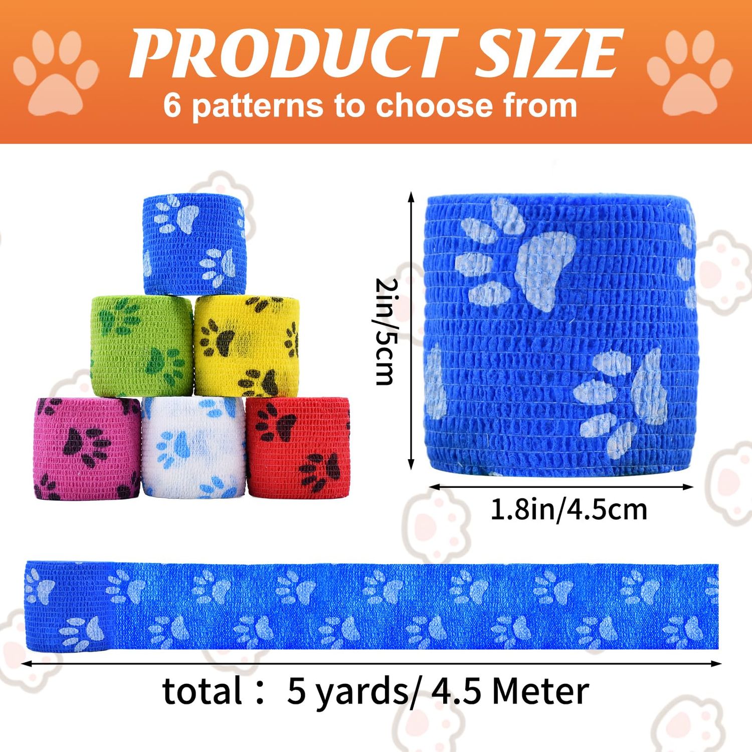 6 Roll 2 Inch x 5 Yards Paw Print Pet Vet Wrap for Dogs Cats, Cohesive Bandages in Bulk, Colorful Non-Woven Self Adhesive Bandages Wrap Roll for Pet Animals Wound Care, Ankle Sprains and Swelling
