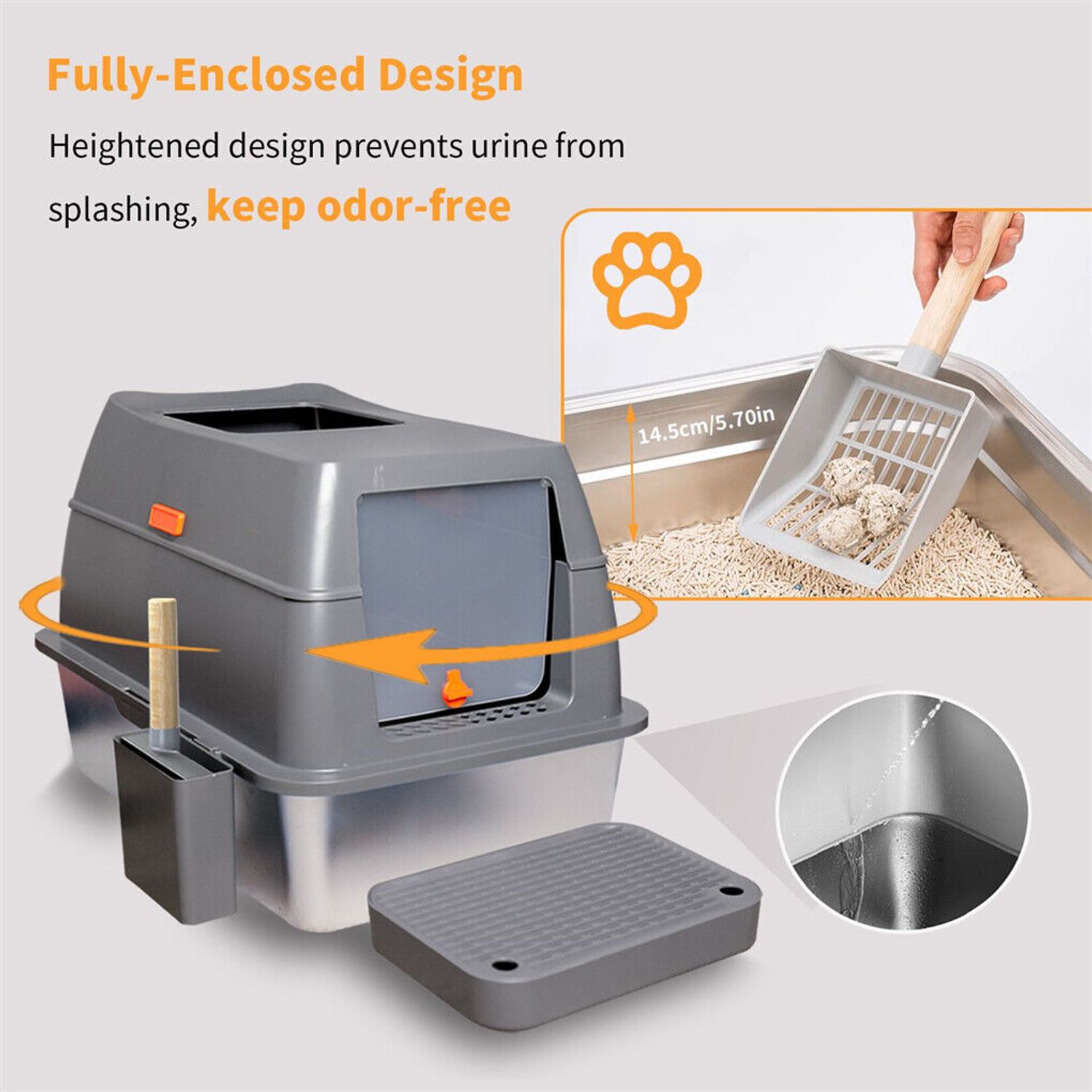 Large Enclosed Cat Litter Pan Easy Cleaning Stainless Steel Cat Toilet Box w Lid