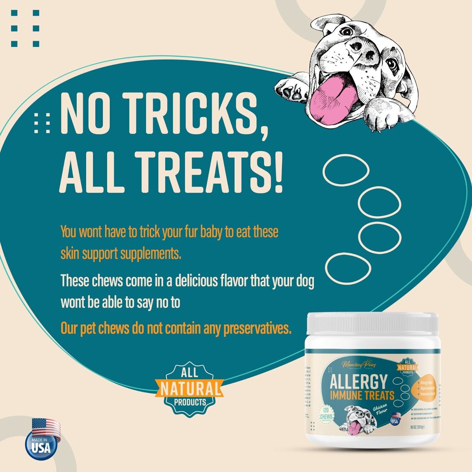 MunchiesPaws Chicken Flavor Allergy Relief Immune Support Dog Treats – 120 Soft