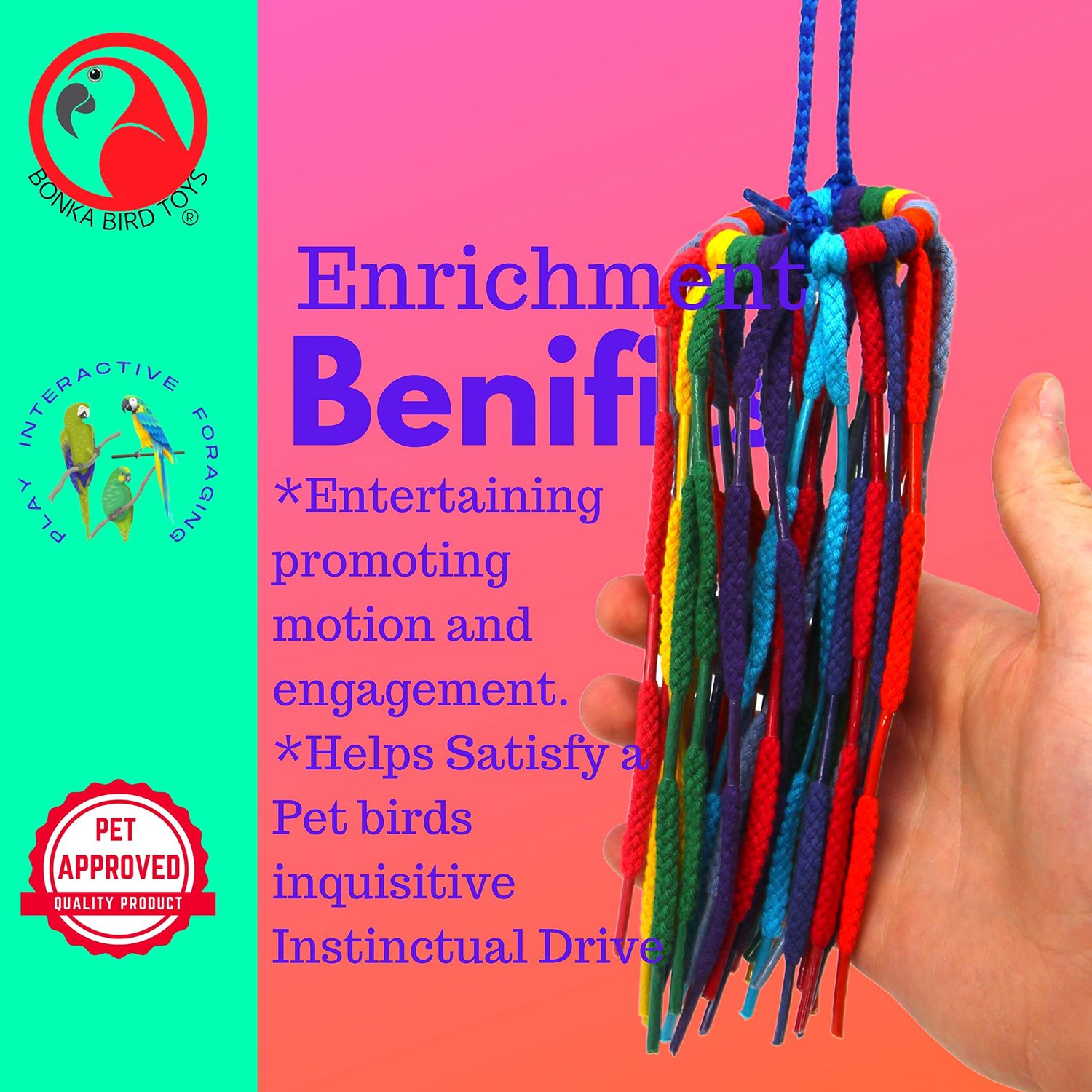 Bonka Bird Toys 51214 Small Aglet Heaven, 11" Hanging Bird Toy, Soft Colorful Cotton Shoelace Ring with Plastic Aglets, Lightweight and Easy to Play with, Safe for Parrots, Parakeets, Cockatiels