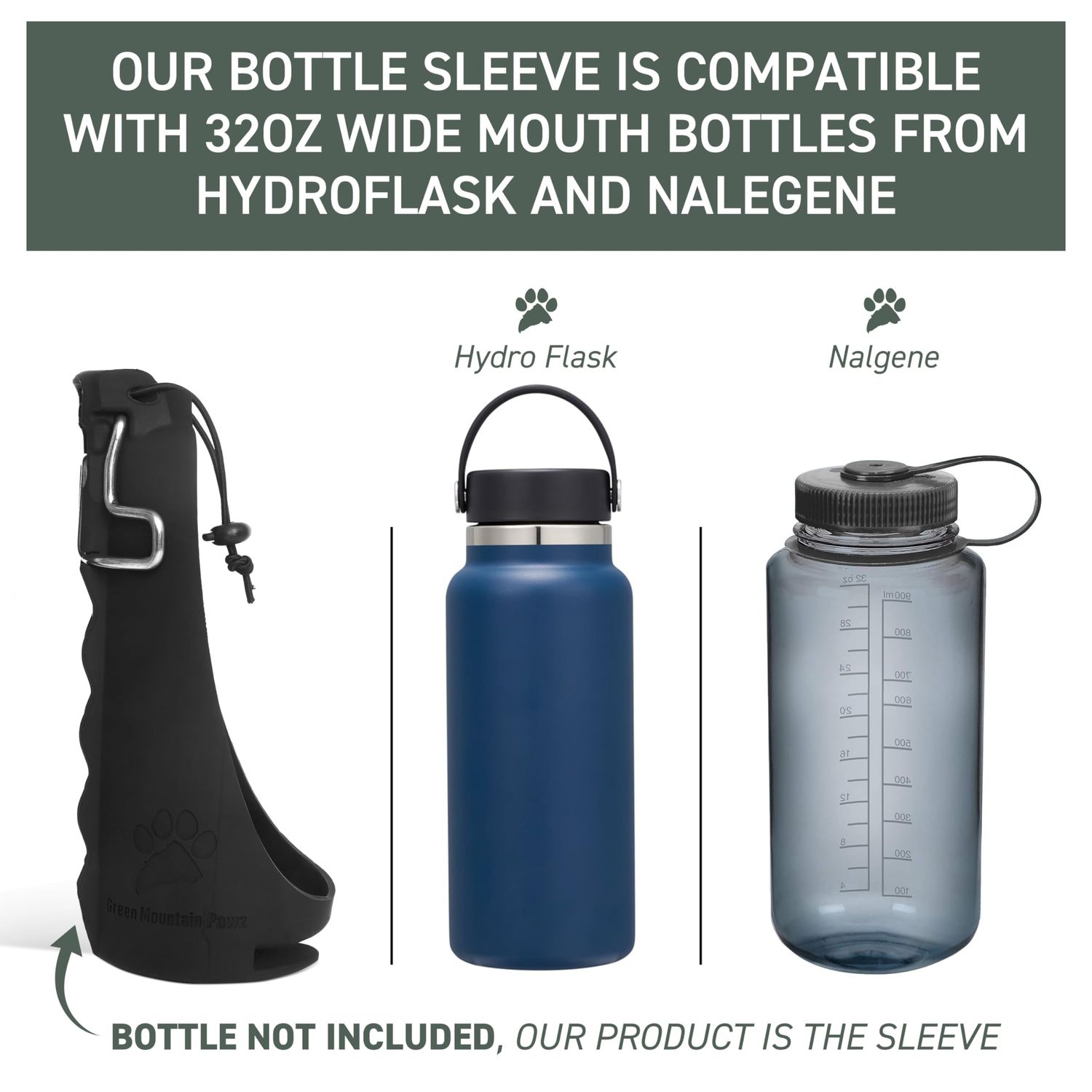 Green Mountain Pawz- Portable Dog Water Bottle Sling Transforms into Dog Travel Bowl, Compatible with 32 oz Wide Mouth Bottles from Hydroflask and Nalgene, Hiking Portable Dog Water Bottle
