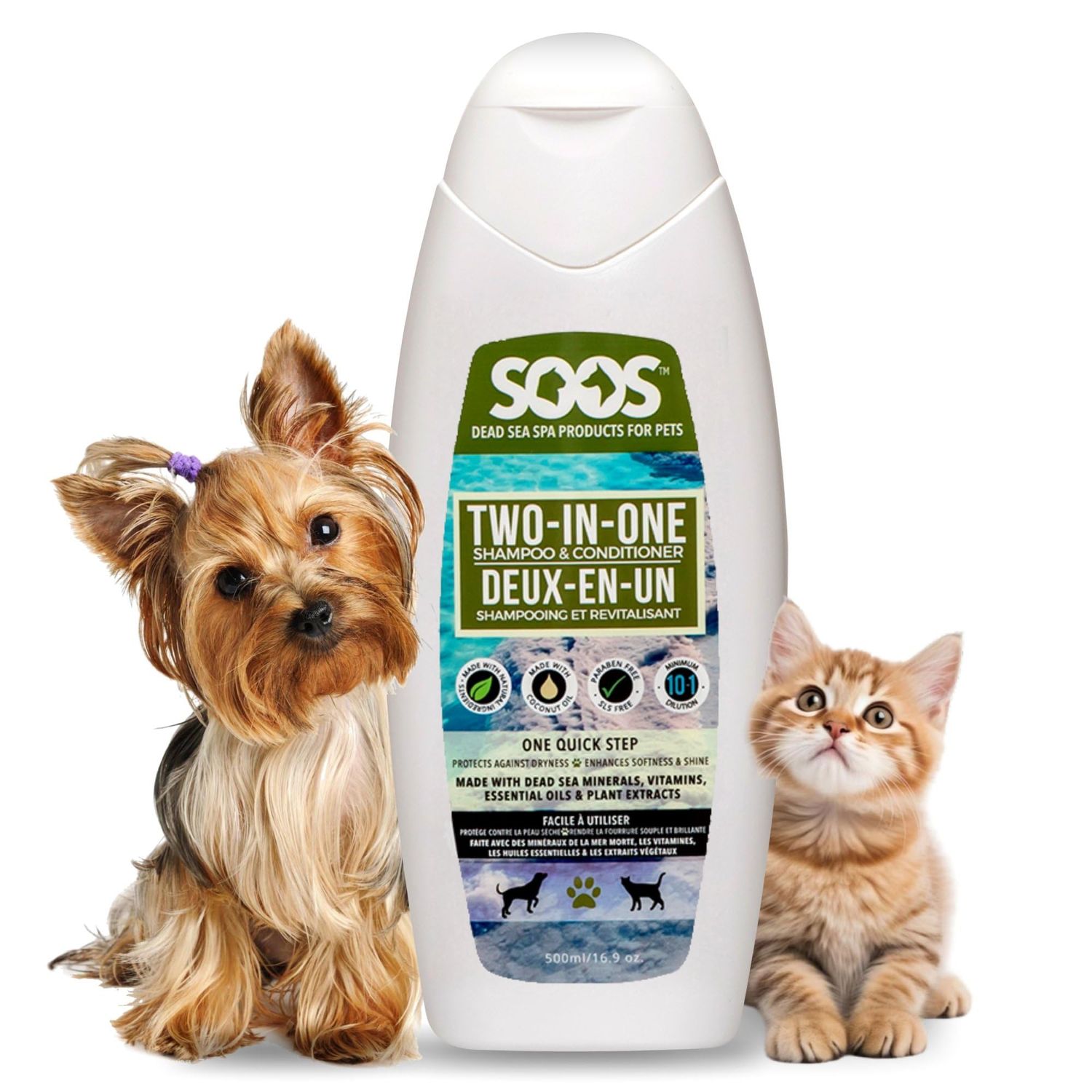 Soos Pet Dog Shampoo and Conditioner for Cats and Pets Natural Dead Sea Minerals Two-in-One Deeply Absorbing with Essential Oils Natural Ingredients Vitamins Antifun-gle - 1x Pack (500ml)
