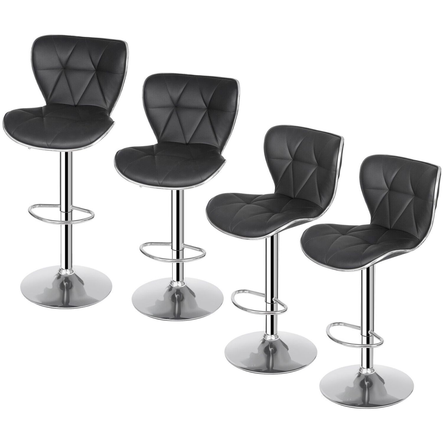 Set of 4 Black Bar Stools w/Shell Back PU Leather Back Adjustable Swivel Stools