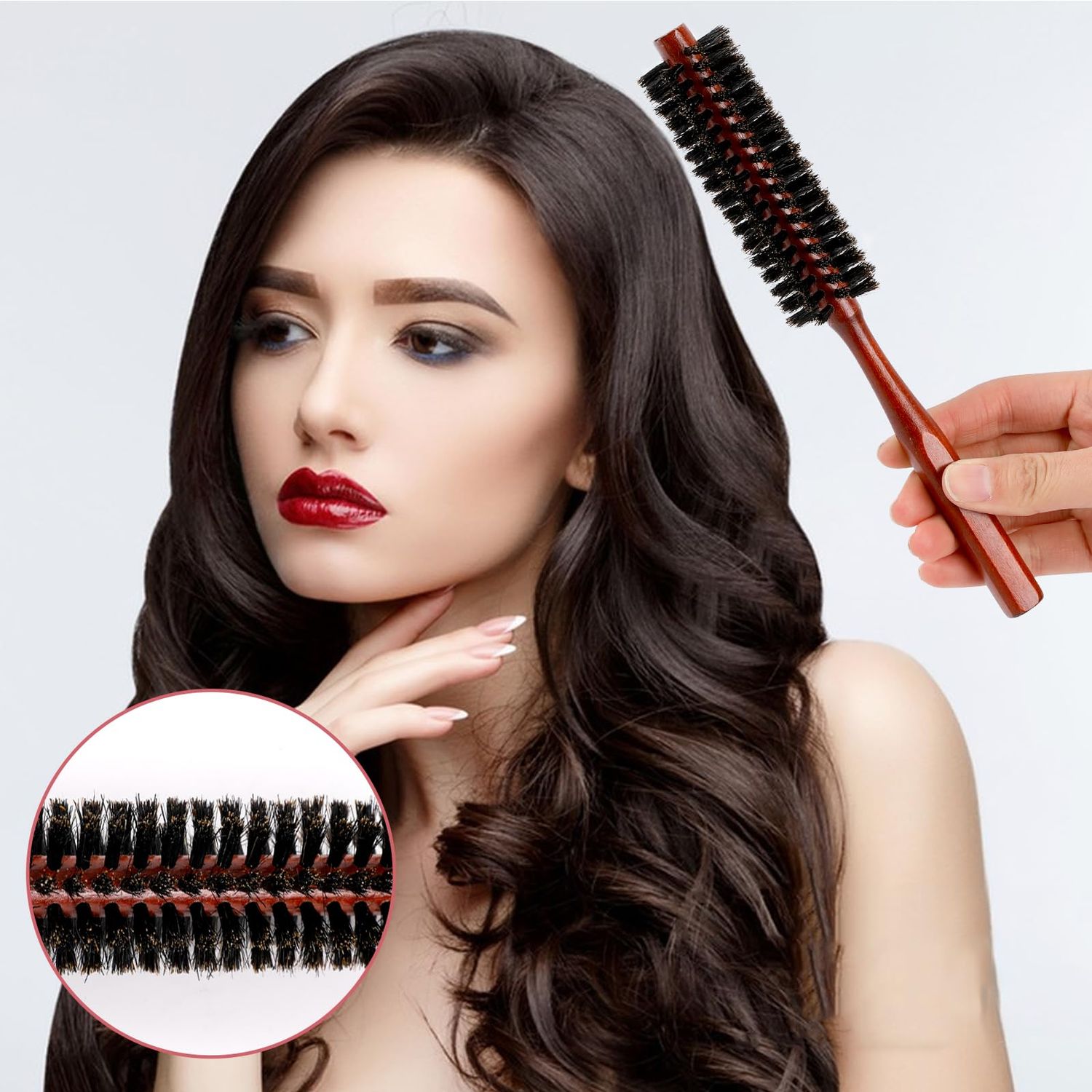 Small Round Hair Brush, Boar Bristle Brush Curling Brush Travel Round Brush for Blow Drying and Nylon Bristles Hair Comb with Wood Handle, Roller Hairbrush for Women, Beard Brush for Men(Black & Red)