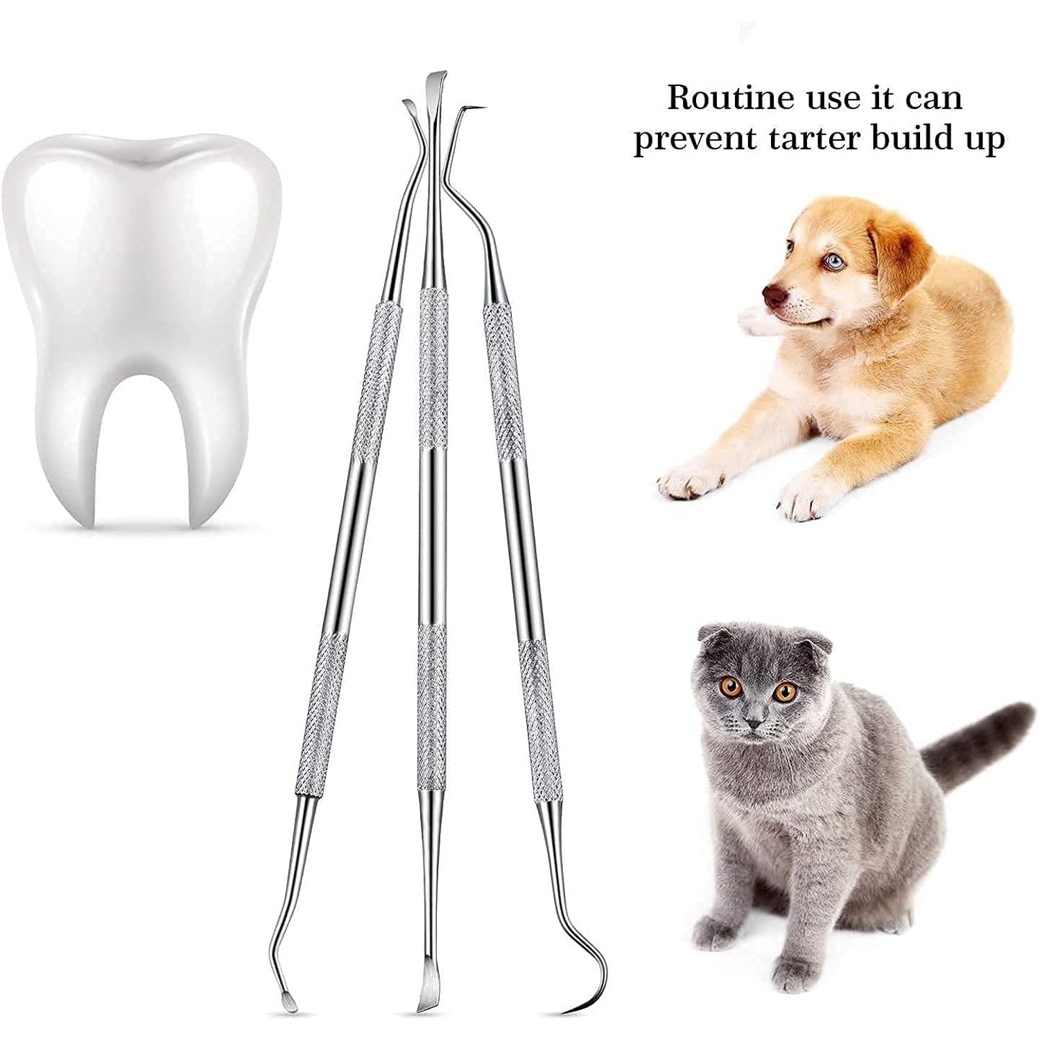 3 Pieces Dog Dental Tooth Scaler and Scraper Stainless Double Headed Tarter Removing Tool Scraper Pet Teeth Cleaning Tools for Dog and Cat