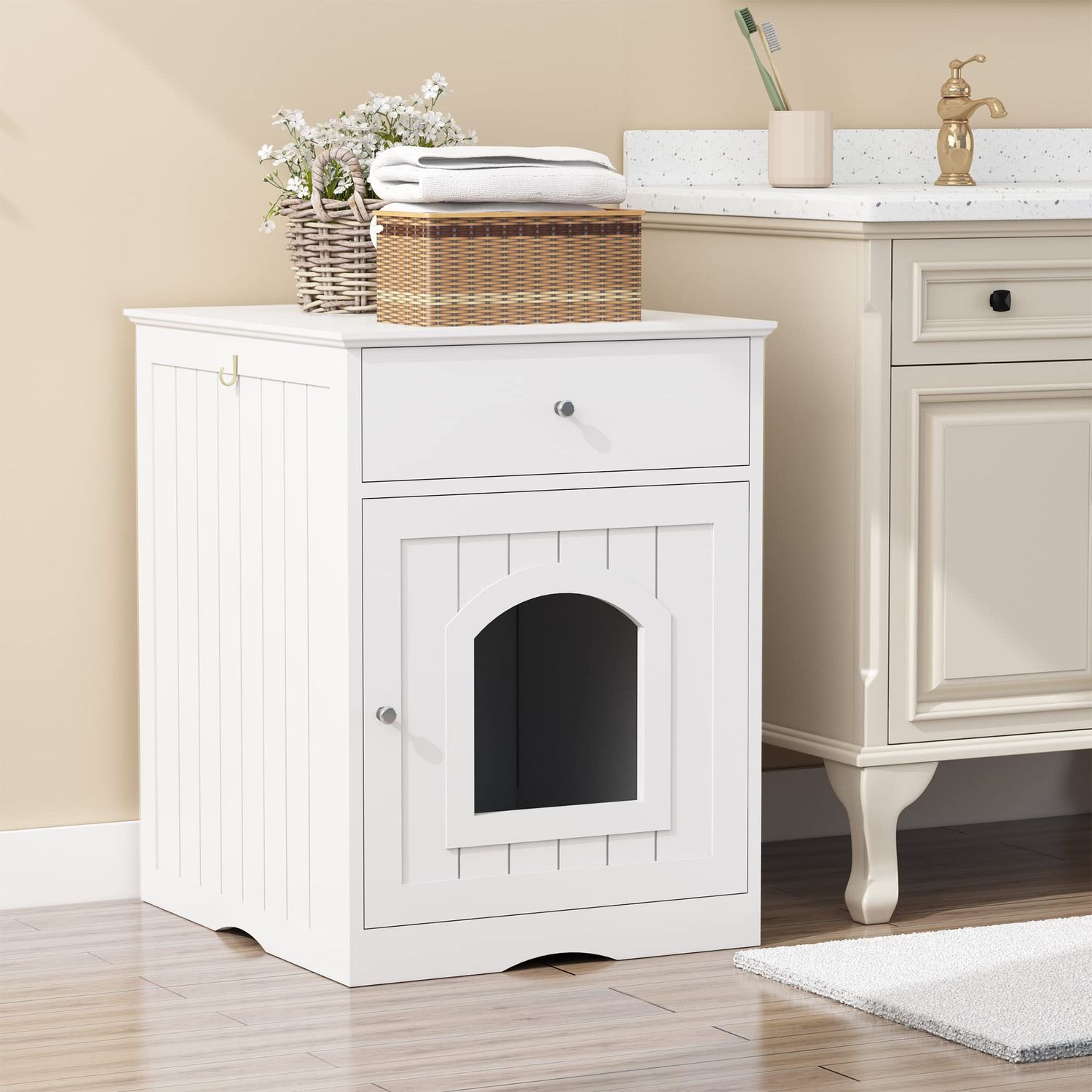 Donext Wood Cat House & Side Table with Drawer, Cat Home Covered Nightstand, Indoor Pet Crate, Litter Box Enclosure, Hooded Hidden Pet Box, Cats Furniture Cabinet, Kitty Washroom, White
