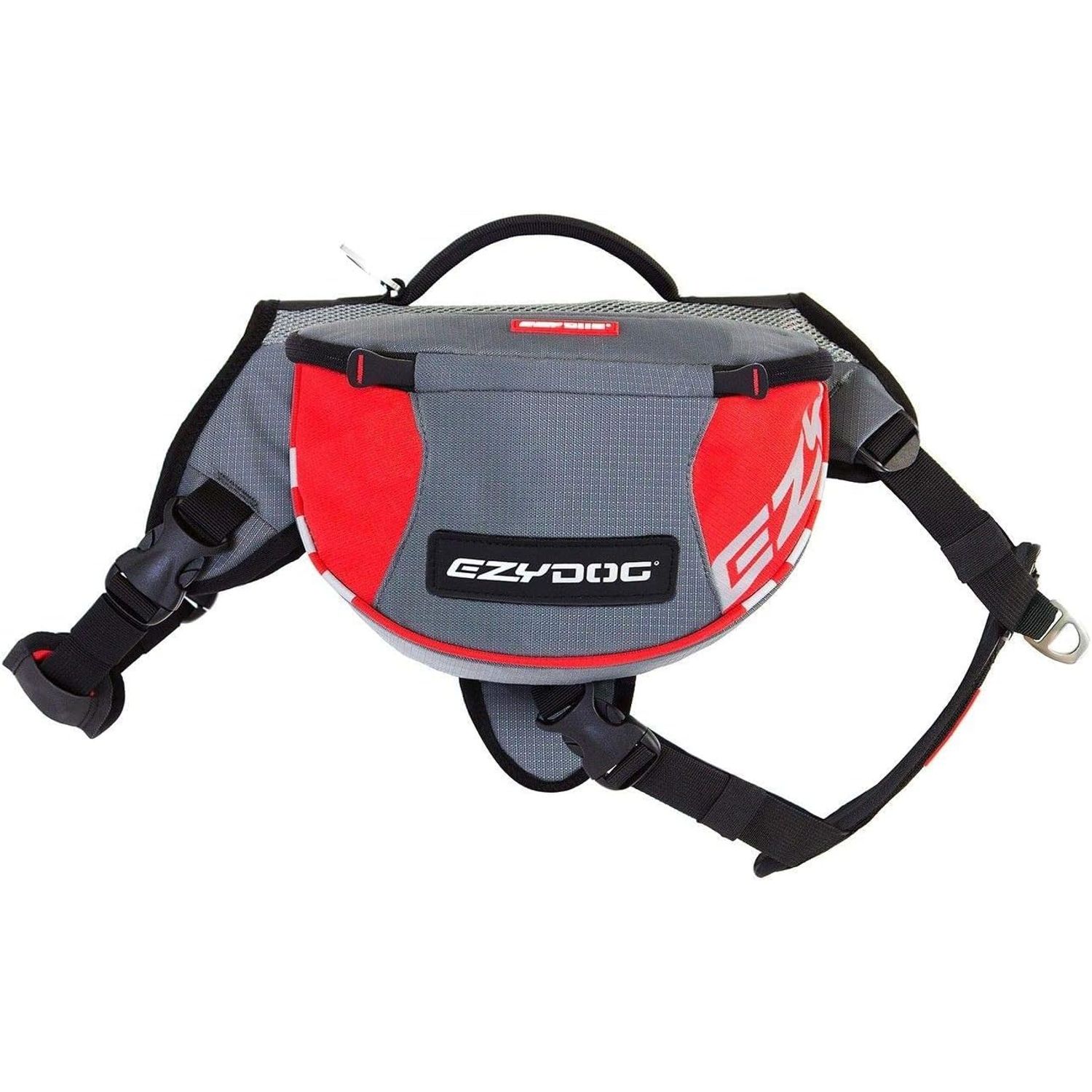 EzyDog Summit Outdoor Dog Backpack - Reflective and Incorporates a Chest Plate Harness - Easy Access Saddlebags with Superior Storage Capacity and Comfort - Front Pull Ring (Red/Gray, Small)