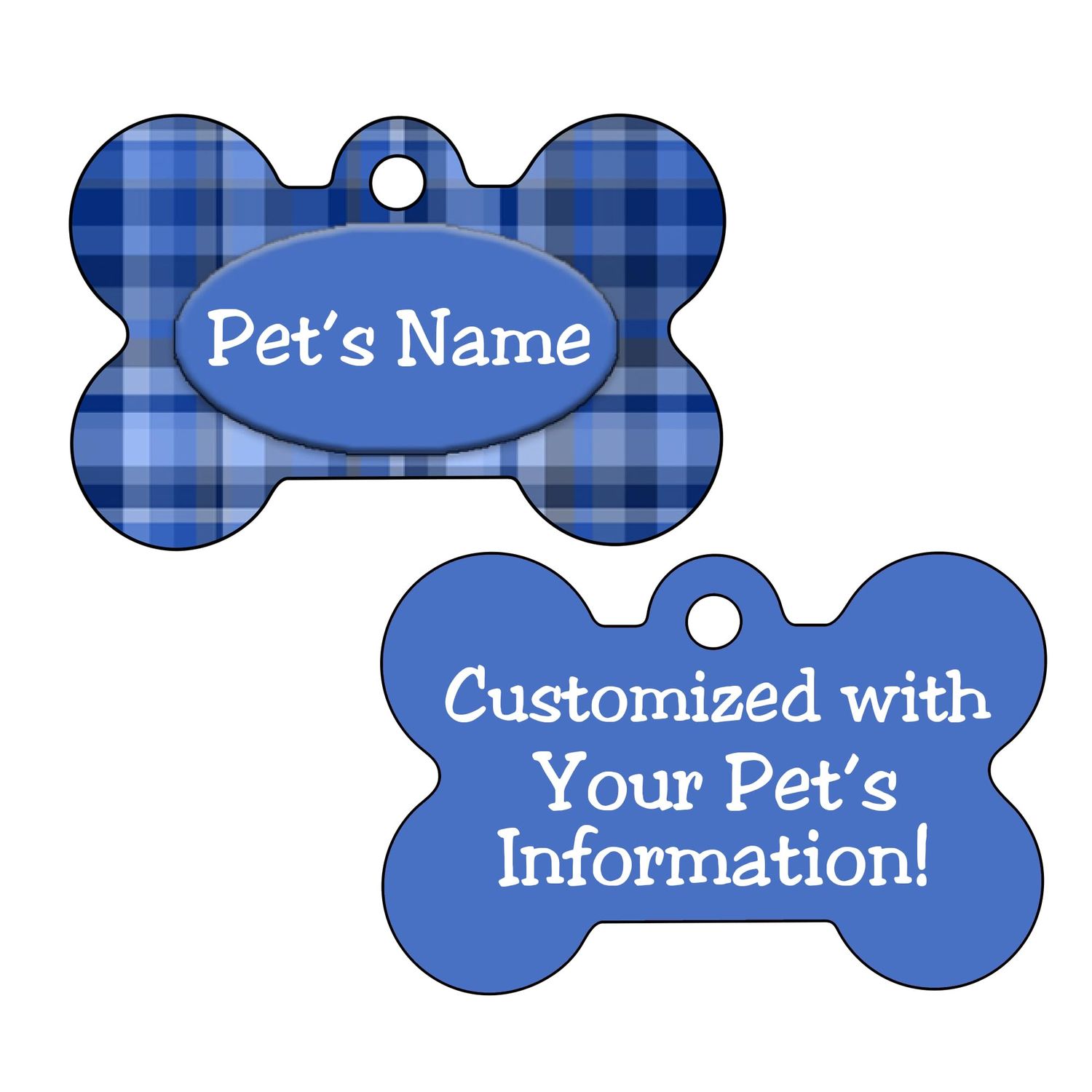 Plaid Pattern Double Sided Pet Id Tag for Dogs & Cats Personalized with 4 Lines of Text (Dark Blue)