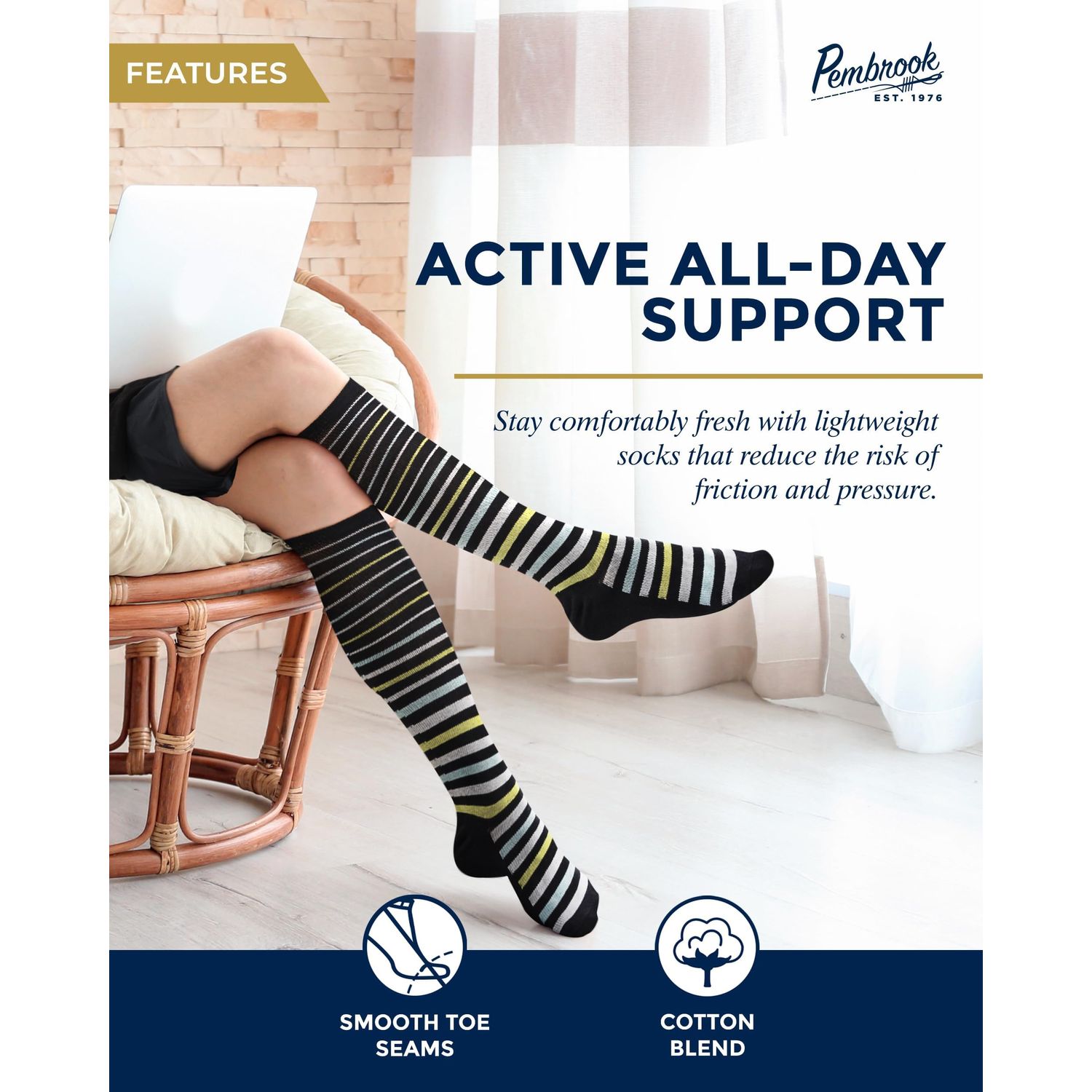 Pembrook Light Socks - 6 Pairs for Women; Argyle, Striped Cotton Socks - 8-15 mmHg Compression