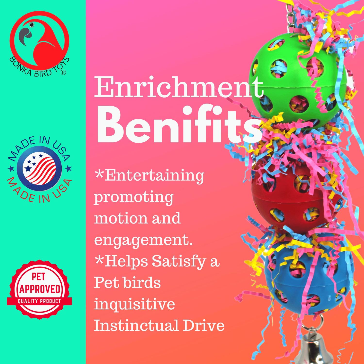 Bonka Bird Toys 1088 Stuff Balls Medium Foraging Fiesta Parrot Cage Toy, Conures, Ringneck, Quakers, and Similar Breed Sizes