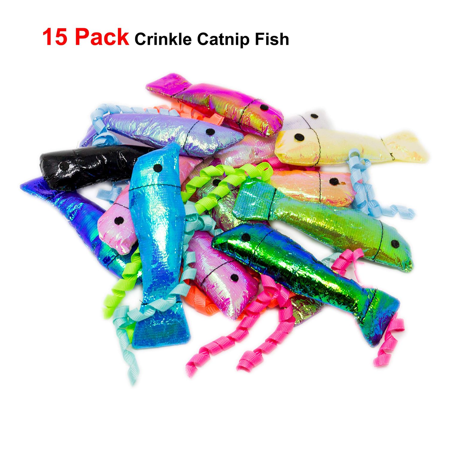 Youngever Catnip Crinkle Fish Toy, 15 Pack Exercise Cat Toys for Cat, Kitten, Puppy, Interactive Play, Great Gift Set