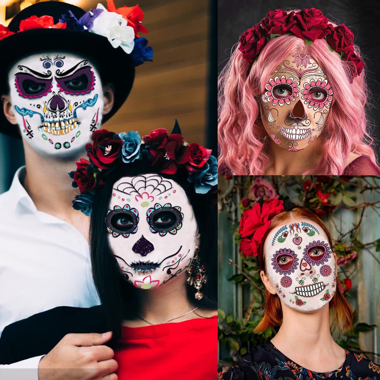 2024 Halloween Temporary Face Tattoo Sticker, Day of The Dead Full Face Makeup for Party Costume Sugar Skull Floral Skeleton Web Red Roses Tattoos(Style A)