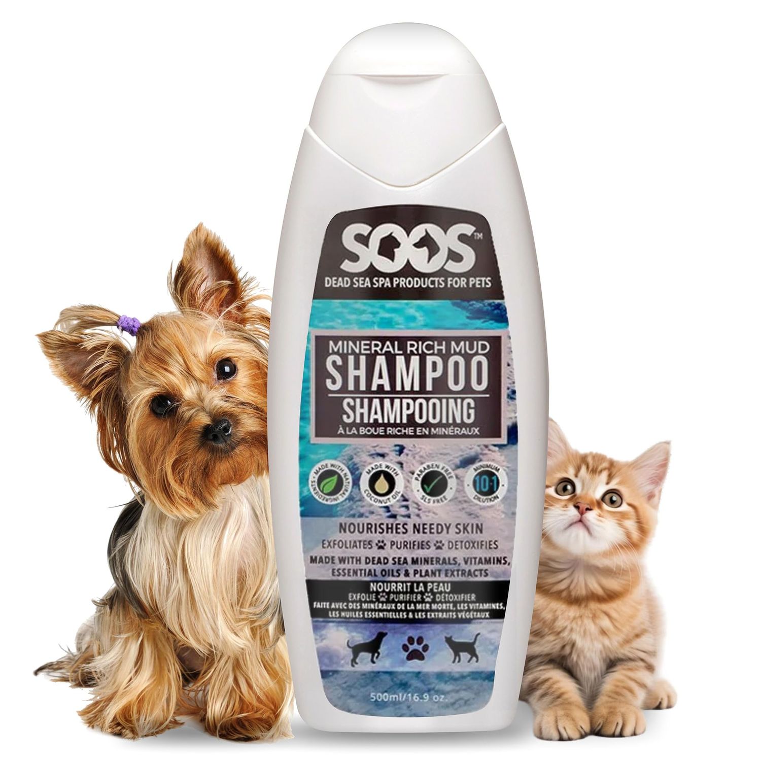 Soos Pet Dog Shampoo for Cats and Pets Mineral Rich Mud Natural Dead Sea Cruelty Free Fast Absorbing Skin Cooling First Aid Antib-acterial and Antif-ungal Odor Remover - 1x Pet Shampoo (500ml)