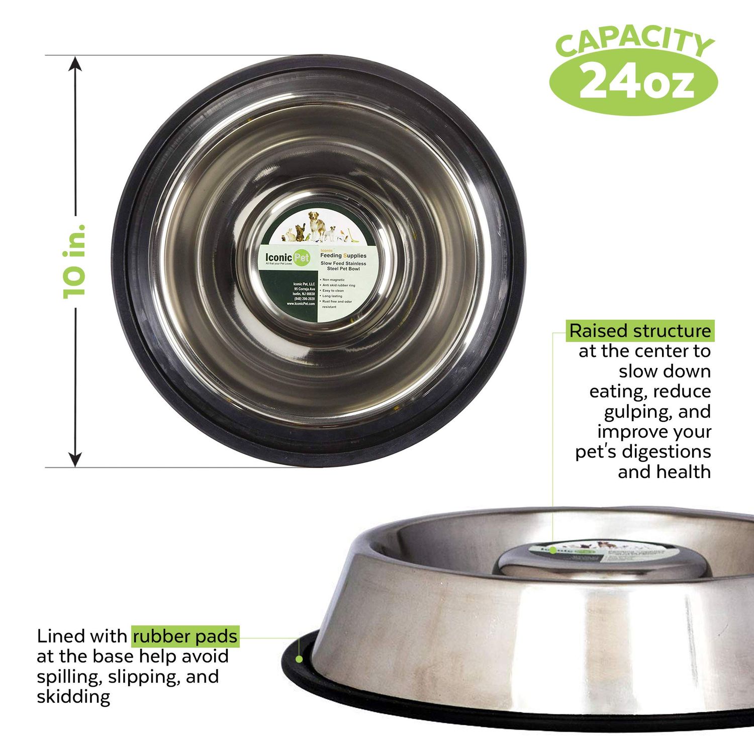 Iconic Pet Stainless Steel Slow-Feed Bowl Medium/24-Ounce Dishwasher Safe, Durable, and Featuring a Raised Center for Dogs and Cats