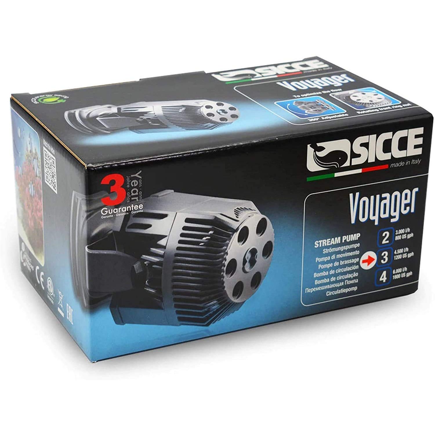 SICCE Voyager 3 Wave Maker Flow Pump 1200 GPH | 360°Adjustable Quiet Submersible Magnetic Powerhead for Saltwater & Freshwater Tanks, Quiet Aquarium Water Circulation Pump 25 to 125 Gallons