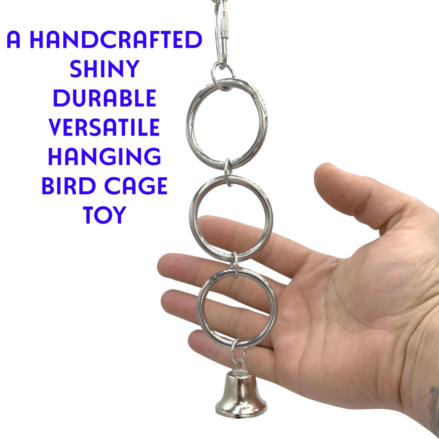1131 Tough Stainless Steel Triple Ring - Handcrafted Simple Hanging Bird cage Toy, Durable Shiny Stainless Steel Rings, Ringing Metal Bell, Pullable and climbable, Hang Toys and Materials