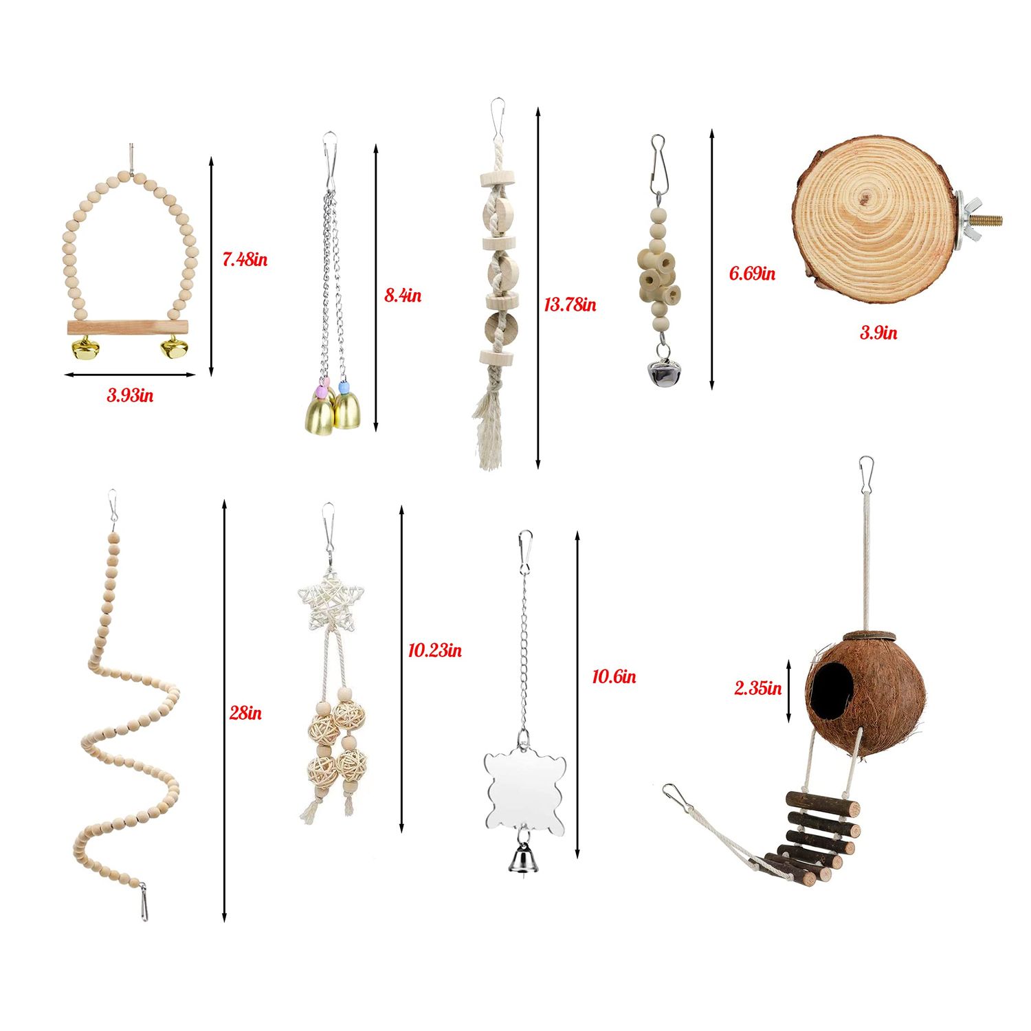 TOLMIOW 9 Pieces Parrots Chewing Natural Wood and Rope Bungee Bird Toy for Anchovies, Coconut Hideaway with Ladder,Bird Perch Stand, Bird Cage Accessories, Parakeets, Cockatiel, Conure, Mynah, Macow
