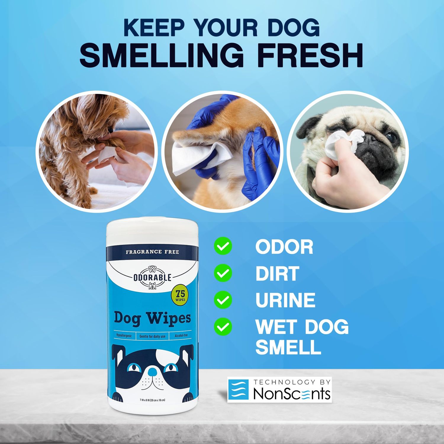 Odorable Dog Grooming Wipes - 75 Fragrance-Free Cleaning Wipes for Dogs & Puppies - Advanced Odor Neutralization for Paws, Body & Butt - Safe & Gentle for Pets, Alcohol-Free Pet Care