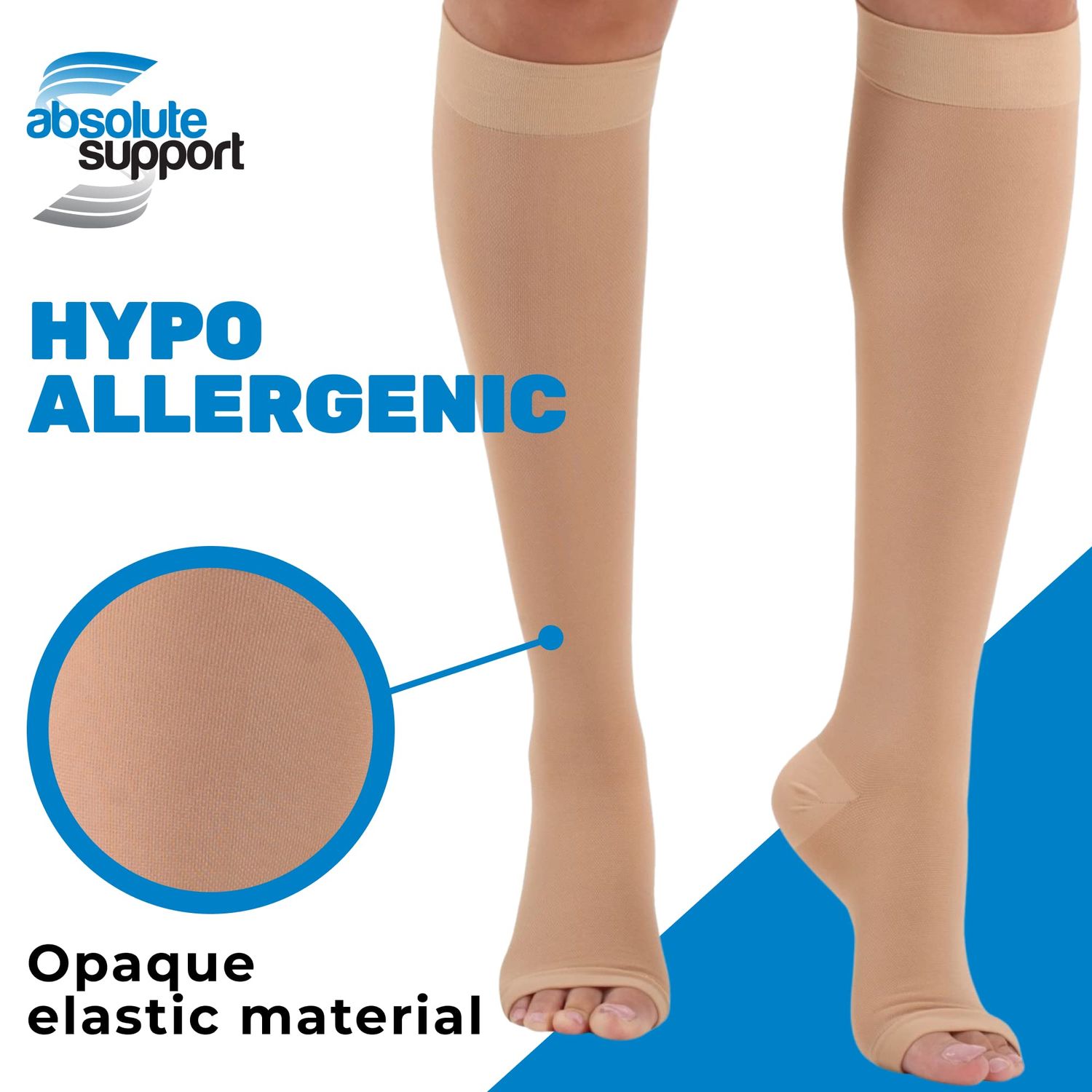 ABSOLUTE SUPPORT Opaque Compression Knee High for Women and Men 30-40mmHg - Graduated Compression Socks with Open Toe for Varicose Veins Circulation - Beige, Large - A311BE3