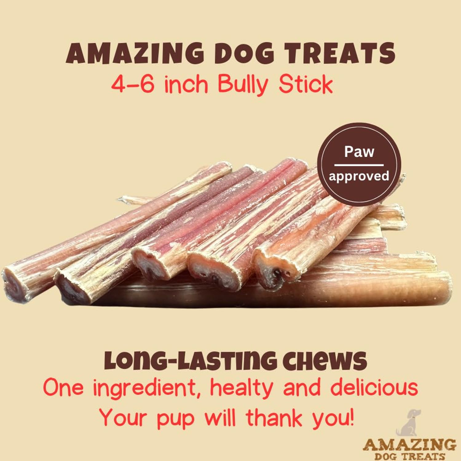 Amazing Dog Treats - 4-6 Inch Variety Bully Sticks (10 oz) - Premium Dog Chews - All Natural Rawhide Alternative - Long Lasting Dog Treats - No Hide Dog Chew- 100% Beef - Promotes Canine Dental Health