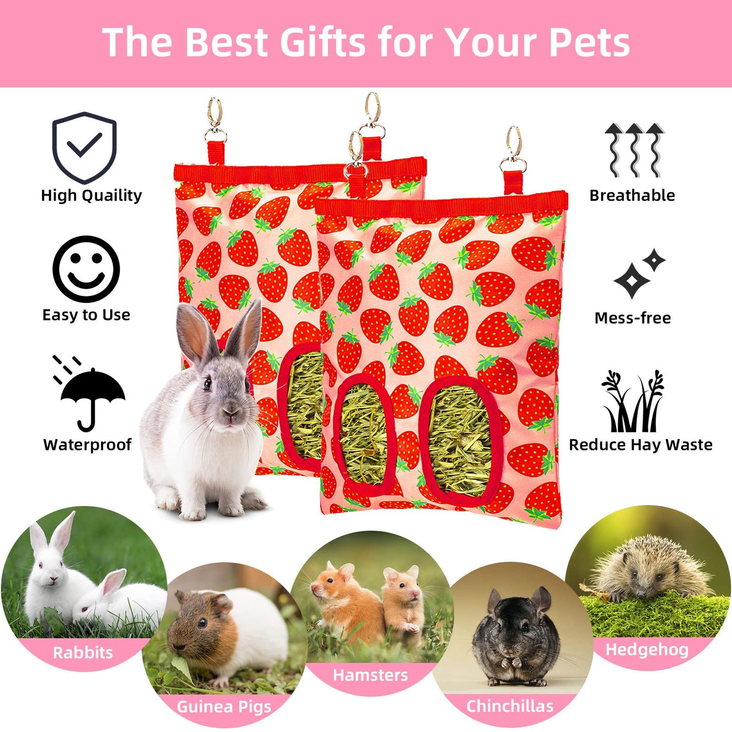 Terossy Rabbit Hay Feeder, Hanging Guinea Pig Hay Feeder Bag for Bunny Chinchilla Hamster with Back Hooks, 2 Holes, 9.8x11.4Inch