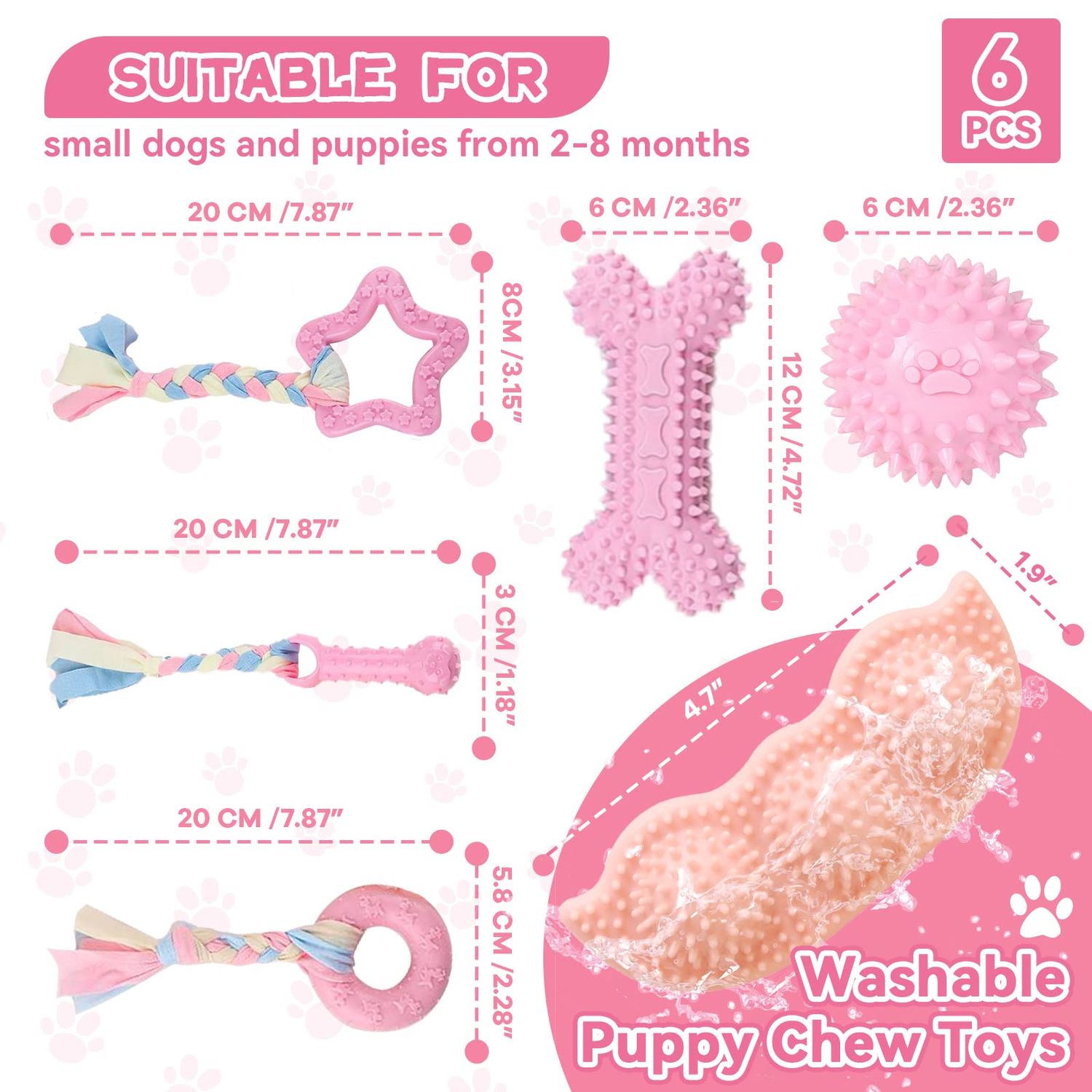 Petcare 6 Pack Puppy Chew Toys for Teething Cute Pink Puppy Toys Small Dog Toys Soft Rubber Rope Dog Toys Funny Bone Ball Cleaning Teeth Dog Chew Toys Puppy Teething Toys for Puppies Yorkie