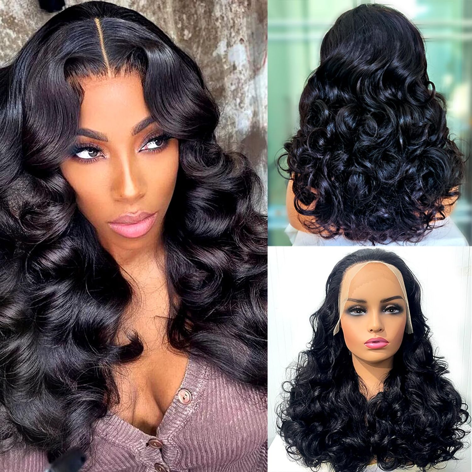 13x4 Loose Body Wave Lace Front Wigs Human Hair Pre Plucked with Baby Hair Bouncy Curly Wig 250% Density Double Drawn Glueless Brazilian Human Hair Wigs for Black Women 20 Inch Natural Black