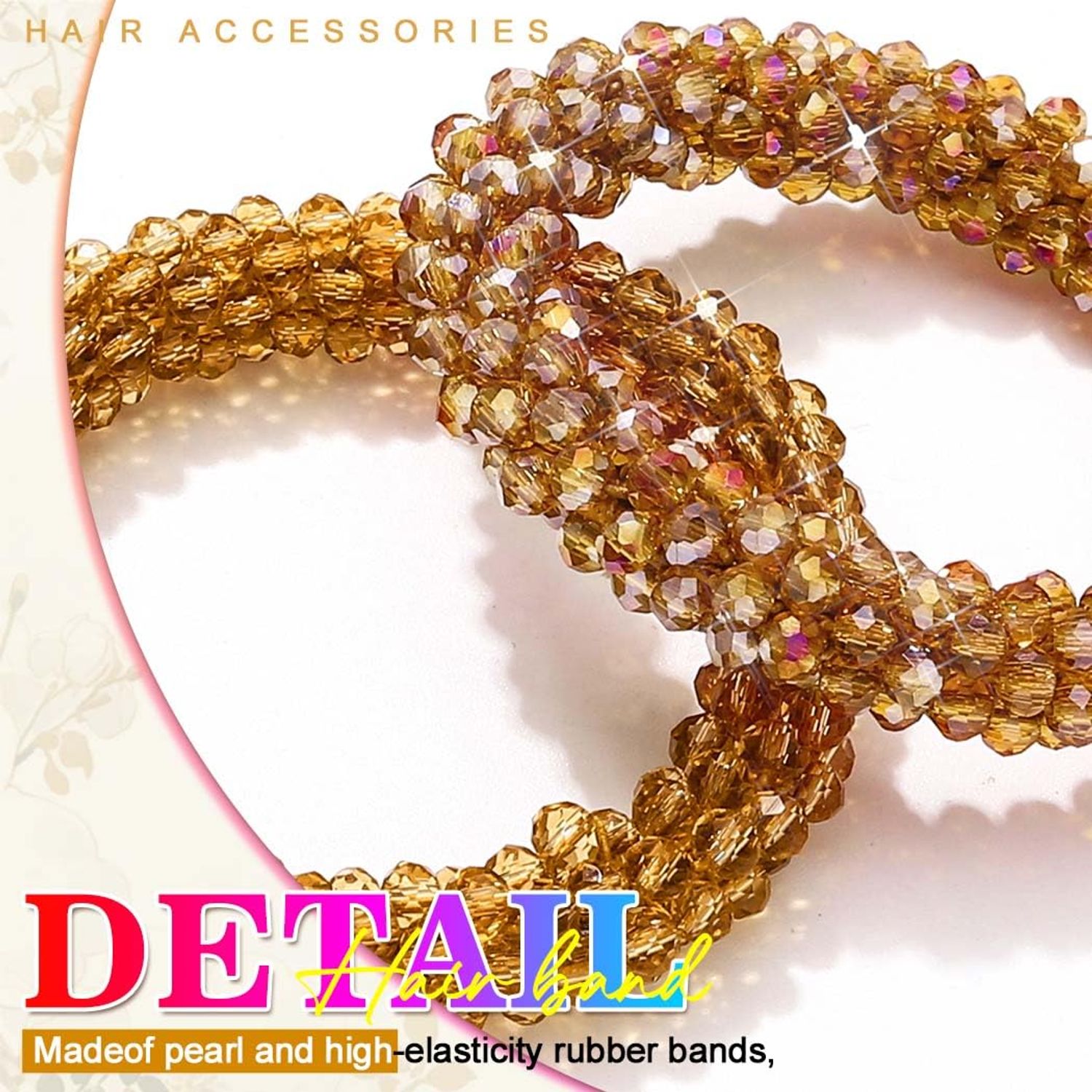 Fashey Rhinestone Hair Ties Champagne Elastic Ponytail Holder 3 Pcs Beaded Hairbands Stretchy Hair Accessories for Women