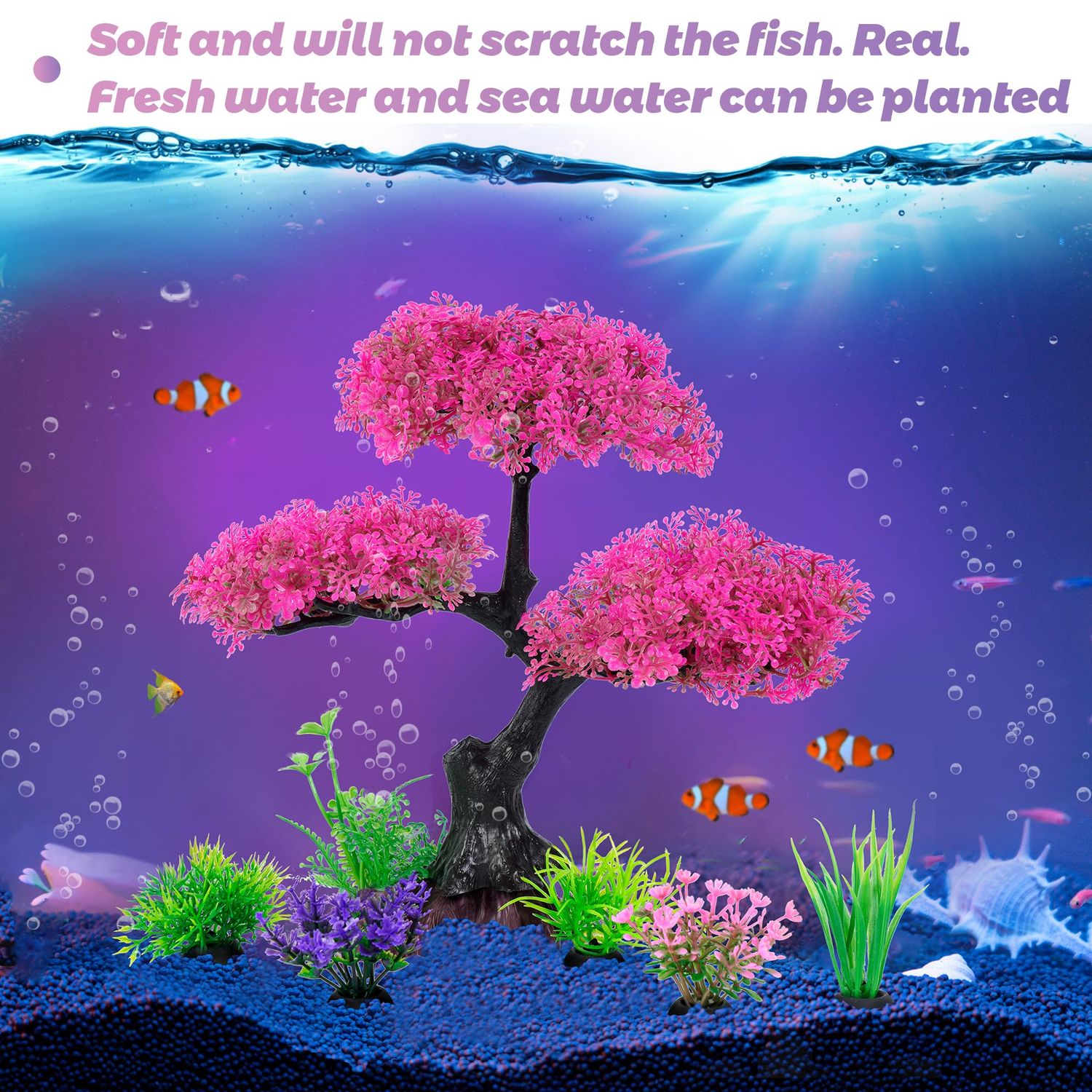 Ameliade Aquarium Artificial Plastic Plants Decoration, Pink Cherry Blossom Tree & Grass Aquarium Decor Set, Goldfish Betta Fish Tank Decorations Hides Accessories（Pink