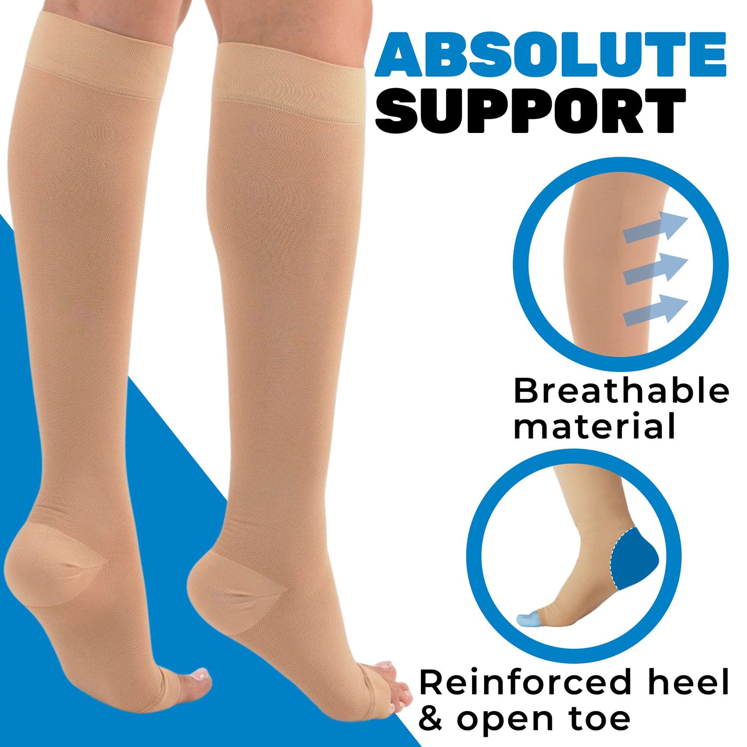 ABSOLUTE SUPPORT Opaque Compression Knee High for Women and Men 30-40mmHg - Graduated Compression Socks with Open Toe for Varicose Veins Circulation - Beige, Large - A311BE3