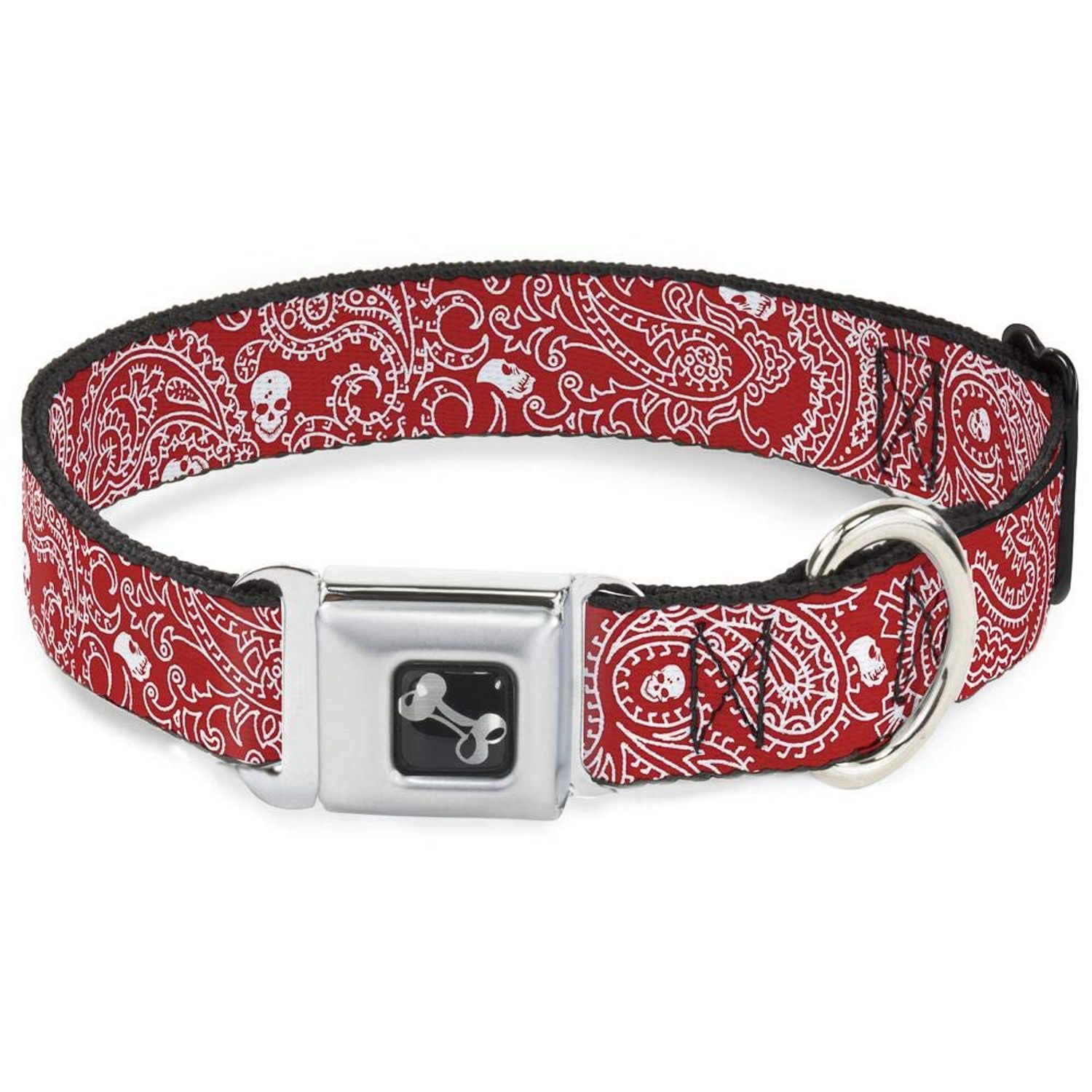 Buckle-Down Seatbelt Buckle Dog Collar - Bandana/Skulls Red/White - 1" Wide - Fits 15-26" Neck - Large