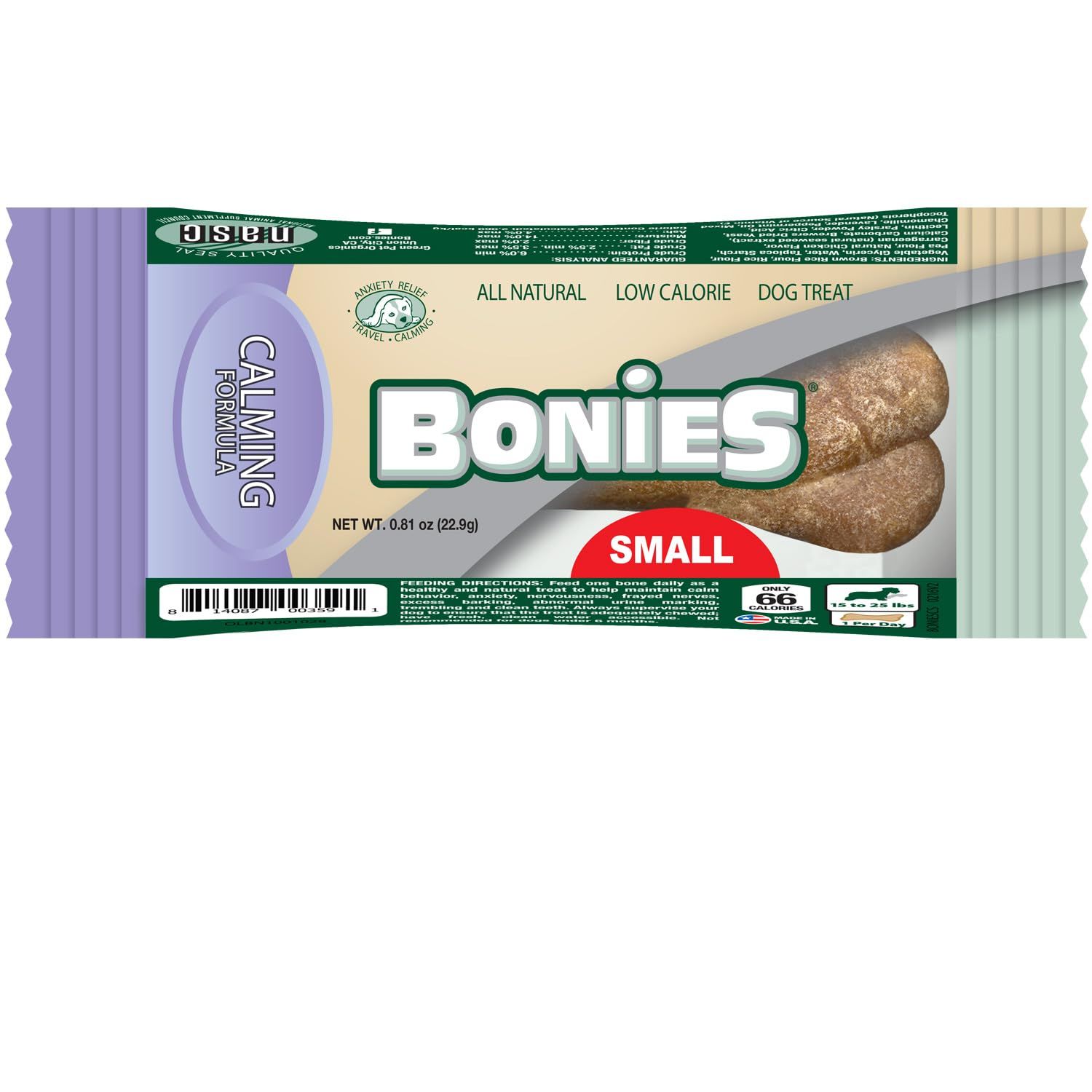 BONIES Natural Calming Formula Dog Treats - Contains Chamomile & Lavender, Help Anxiety, Excessive Barking and Trembling, Chicken Flavor, Small, Single Bones 0.81 oz