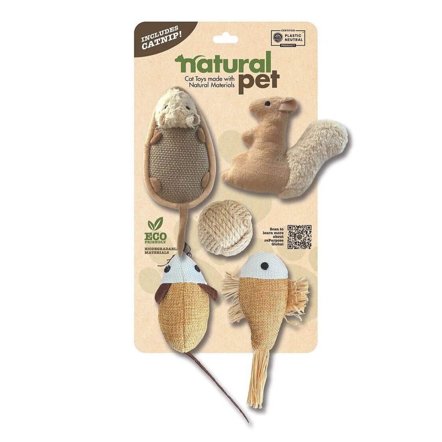 NATURAL PET CAT TOY GIFT COMBO PREMIUM SQUIRREL MOUSE FISH ROPE BALL w/ CATNIP