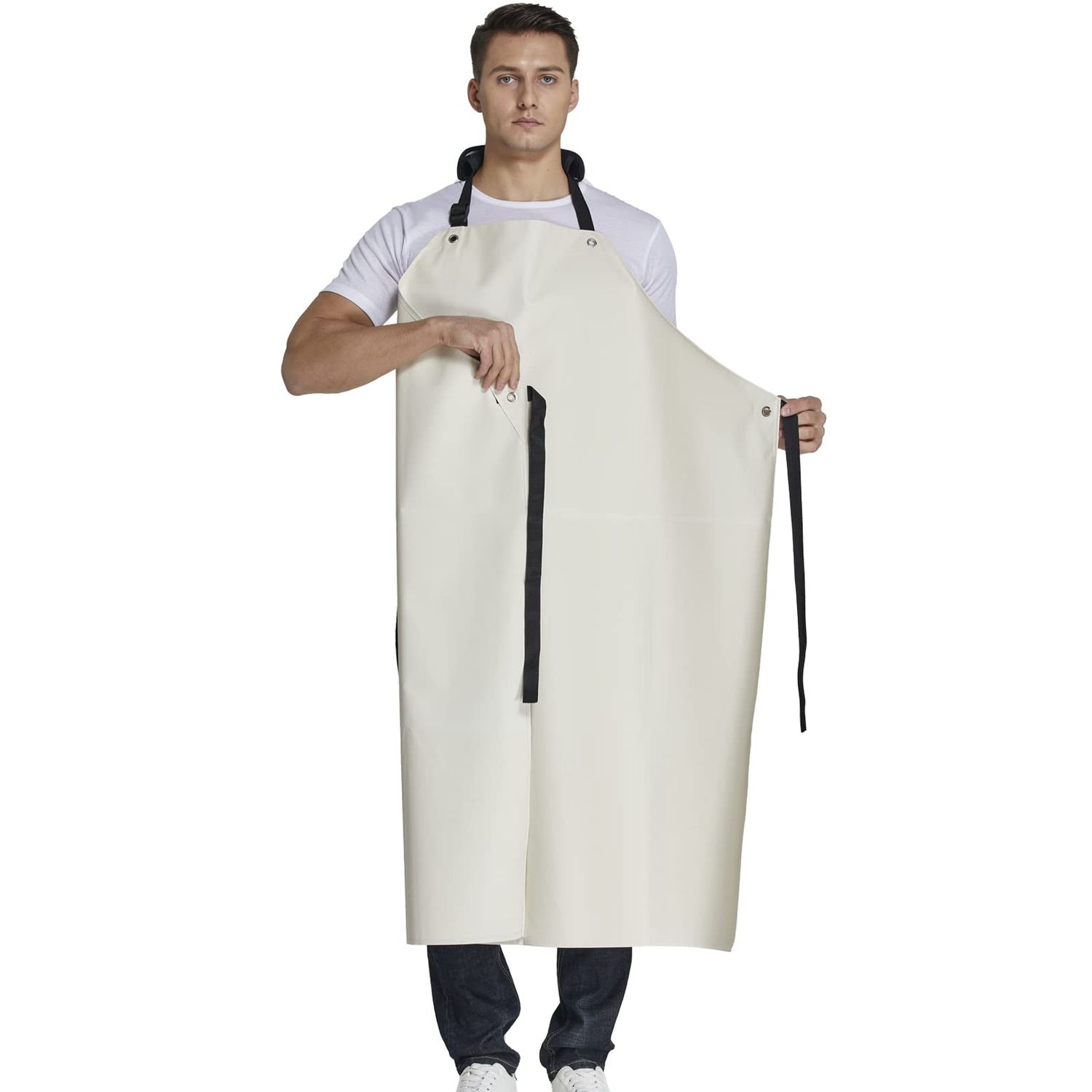 RECECASA Rubber Waterproof Apron Butcher Heavy Duty -Oil Chemical Resistant Thick Work Safety Gardening Aprons - Best for Cleaning Fish, Dog Grooming, Lab Work, DishWashing (White, XL)