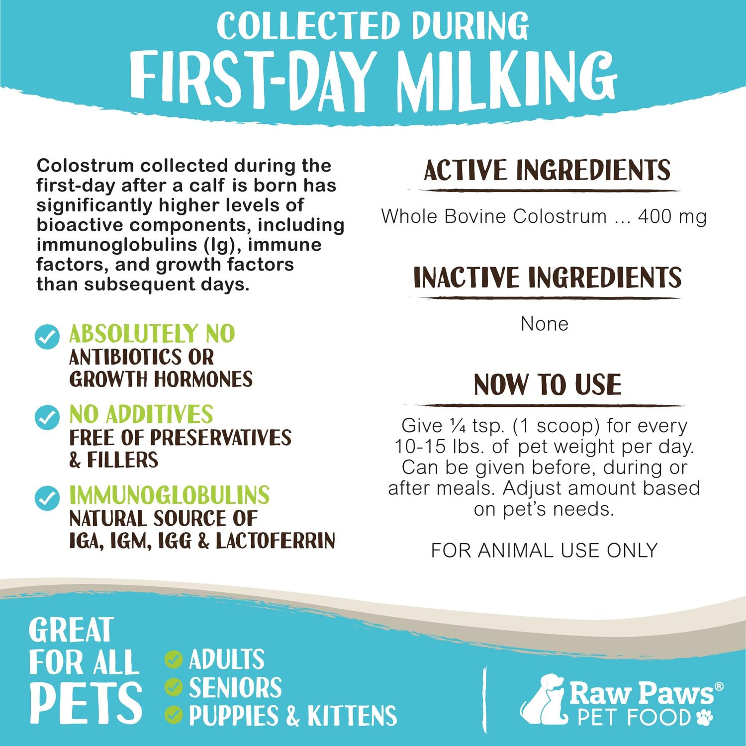 Raw Paws Pet Bovine Colostrum for Dogs Allergies & Immune Support, 5-oz - Made in USA - Colostrum for Cats - Senior Dog Supplements - Itchy Skin Treatment - All Ages, Sizes & Breeds