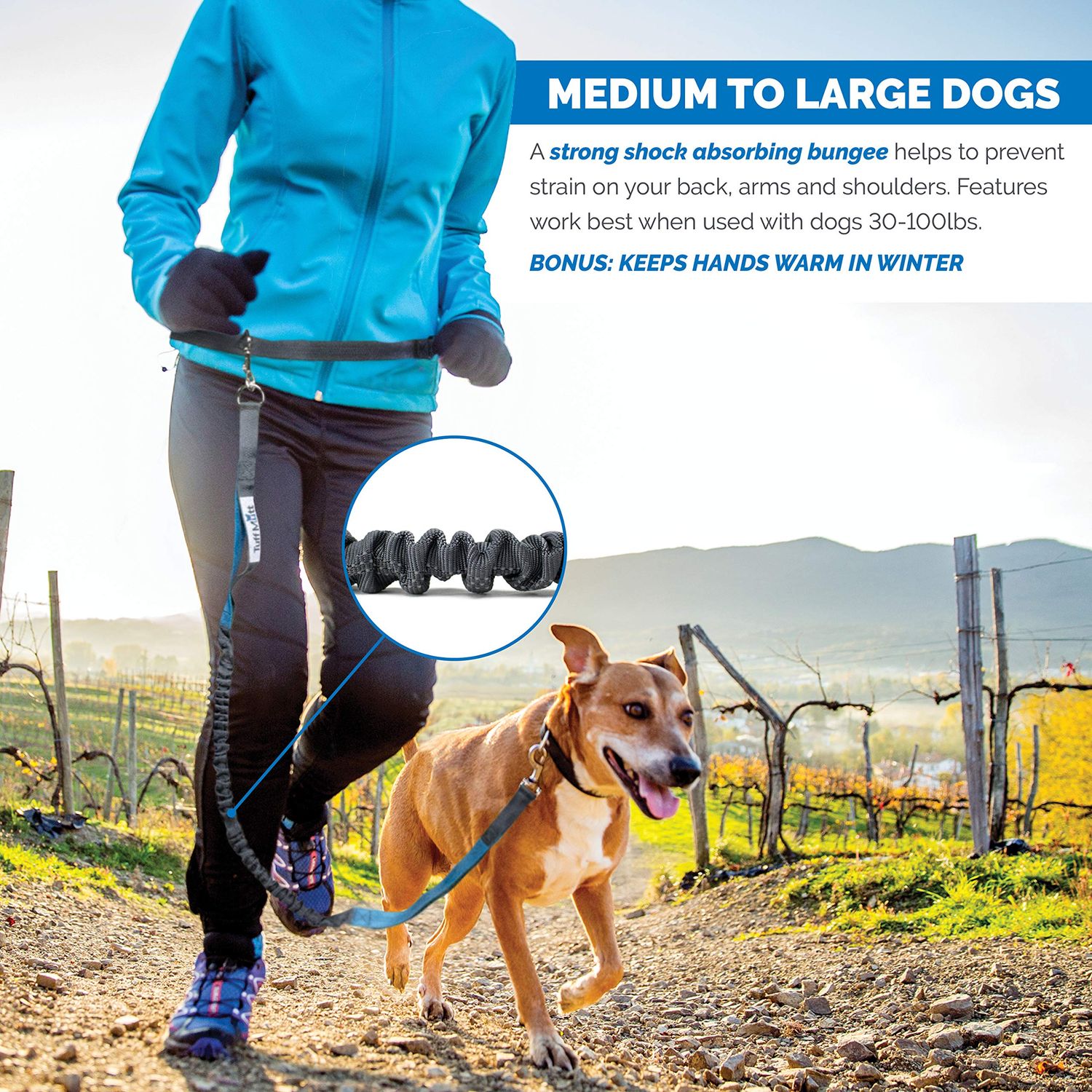 Tuff Mutt Hands Free Dog Leash For Running That Makes A Great Waist Leash for Dog Walking, Double Handle Bungee Leash with Reflective Stitching and Adjustable Dog Walking Belt