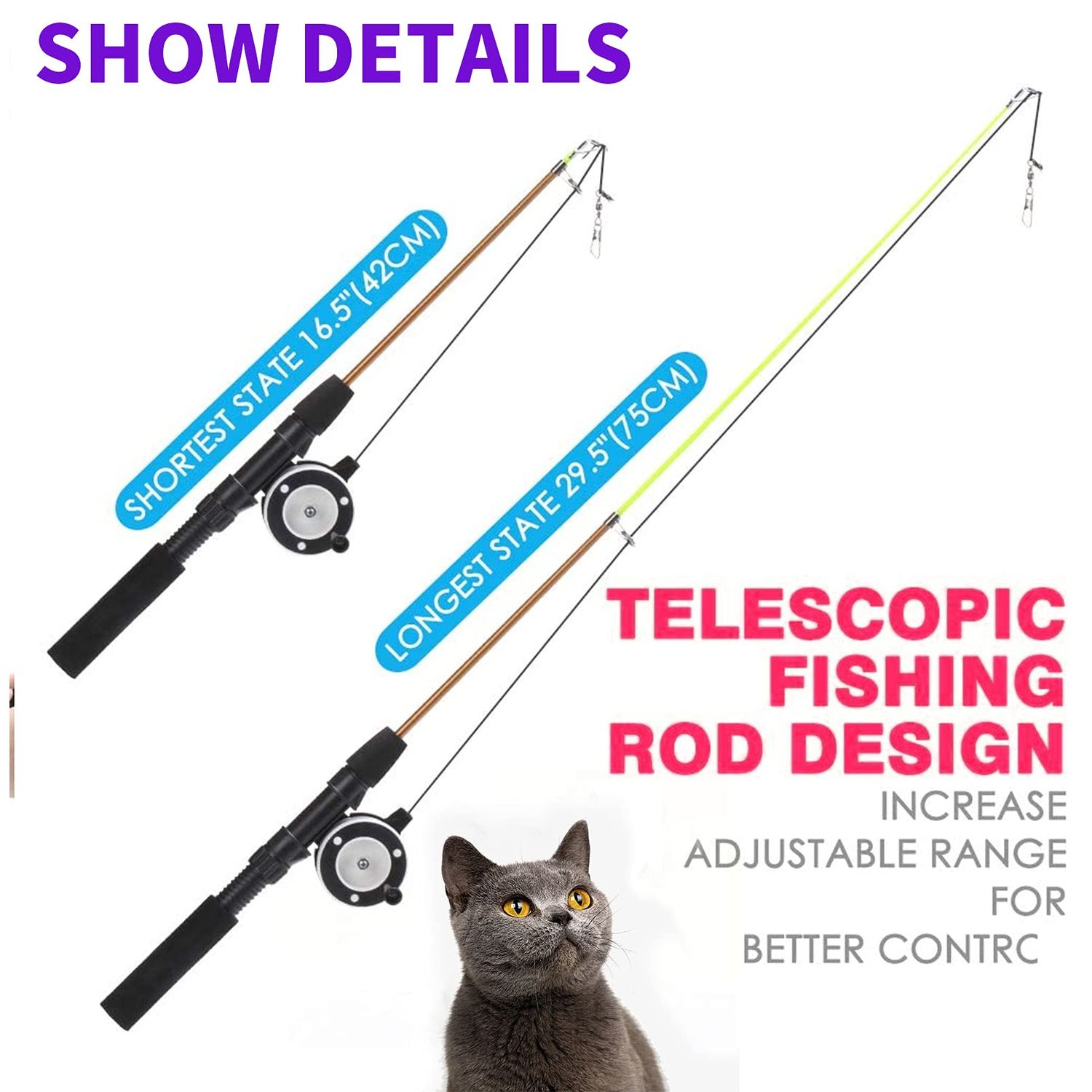 Whefory Retractable Cat Teaser Wand Toy, Cat Toys for Indoor Outdoor Cats Interactive Fishing Rod with 8 Pcs Refills Feather Toy, Plush Mouse Caterpillar & Fish