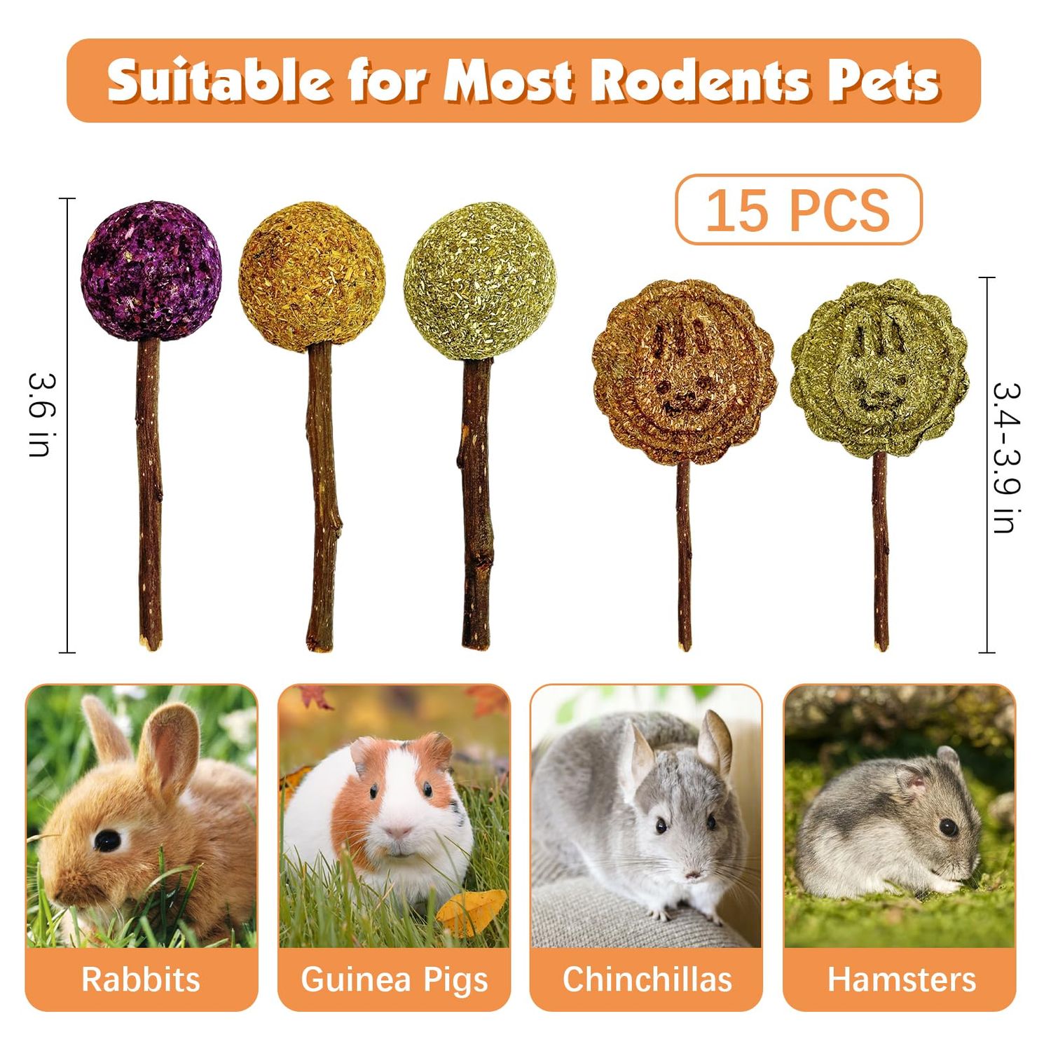Fhiny Rabbit Chew Toys, 15 PCS Natural Bunny Lollipop Chew Sticks Handmade Guinea Pig Molar Treats for Teeth Small Animals Snacks for Guinea Pig Bunny Chinchilla Hamster Gerbil Teeth Care