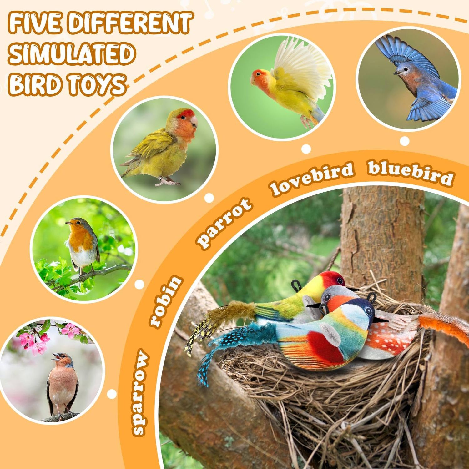 RattanView 5 Pcs Squeak Real Birds Interactive Cat Toys with Catnip,for Indoor Cats, with Chirping Birds Electronic Sound and Feather for Indoor Kitty Exercise