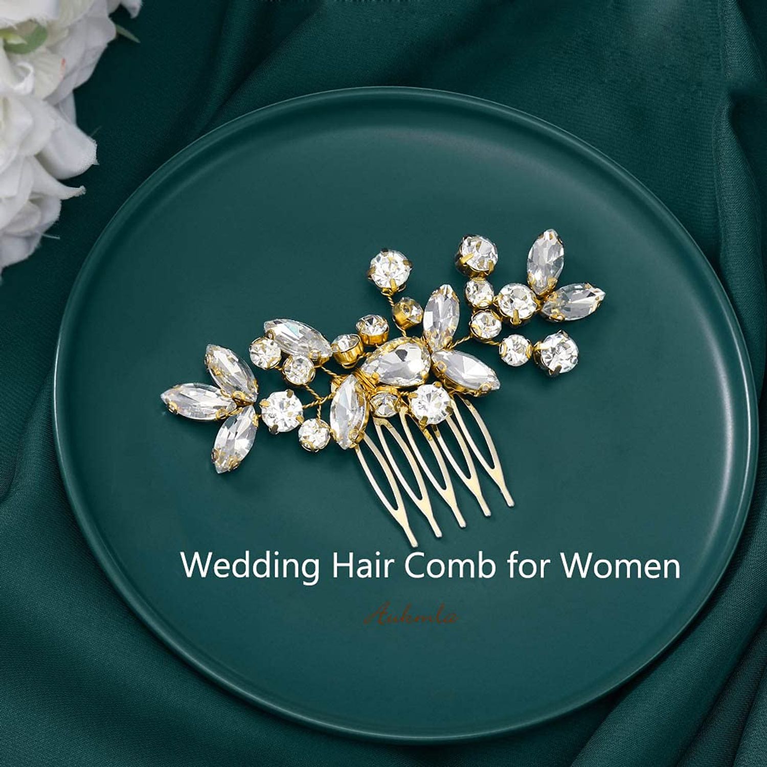 Aukmla Rhinestone Bride Wedding Hair Comb Gold Bridal Hair Piece Crystal Hair Accessories for Women and Girls (B Gold)