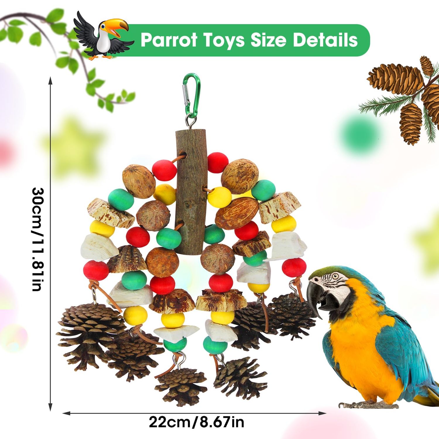 MQUPIN Parrot Toys,Nuts Nutrient-Rich Bird Toys,Natural Wooden Parrot Cage Bite Toy,Cockatoo Toys Containing Cuttlefish Bones,Pine Cones,Wooden Mangoes and Carambola for African Greys,Cockatoo,Budgie